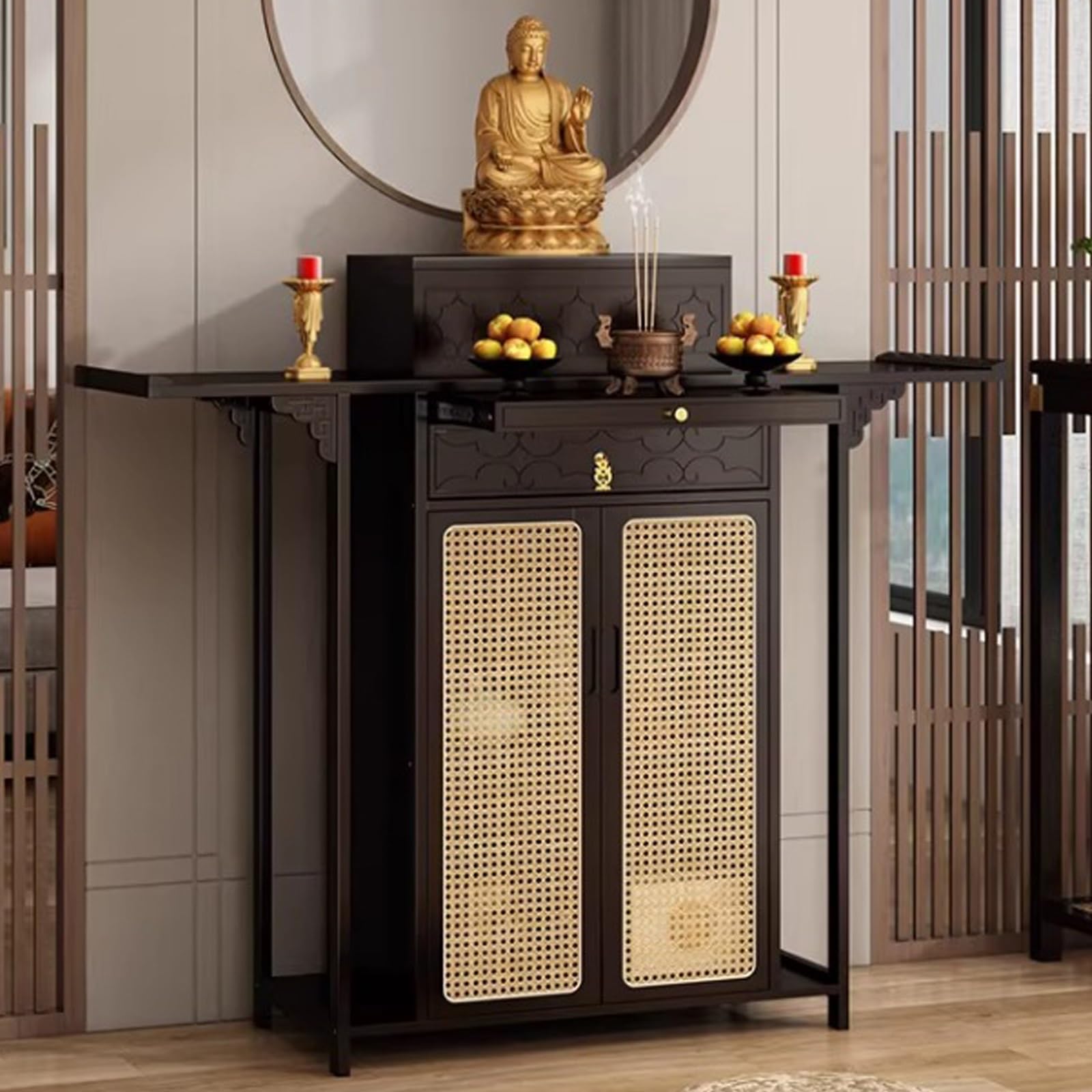 LSOPCYE Chinese Shrine Altar Table, Bamboo Buddha Buddhist Altar Cabinet