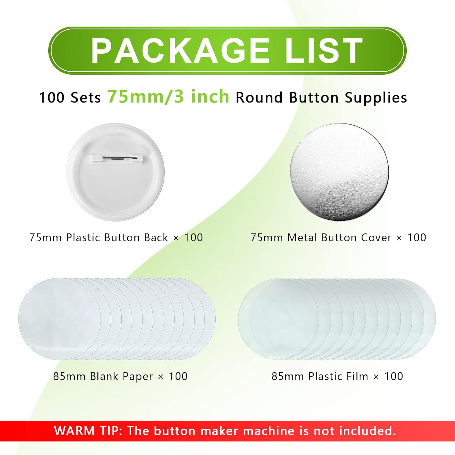 3 inch /75mm Blank Button Supplies Round Badges Buttons Parts for Button Maker 75mm Button Attachment, Button Making Supplies with Pin Cover, Pin Backs, Plastic Films, Blank Circle Paper