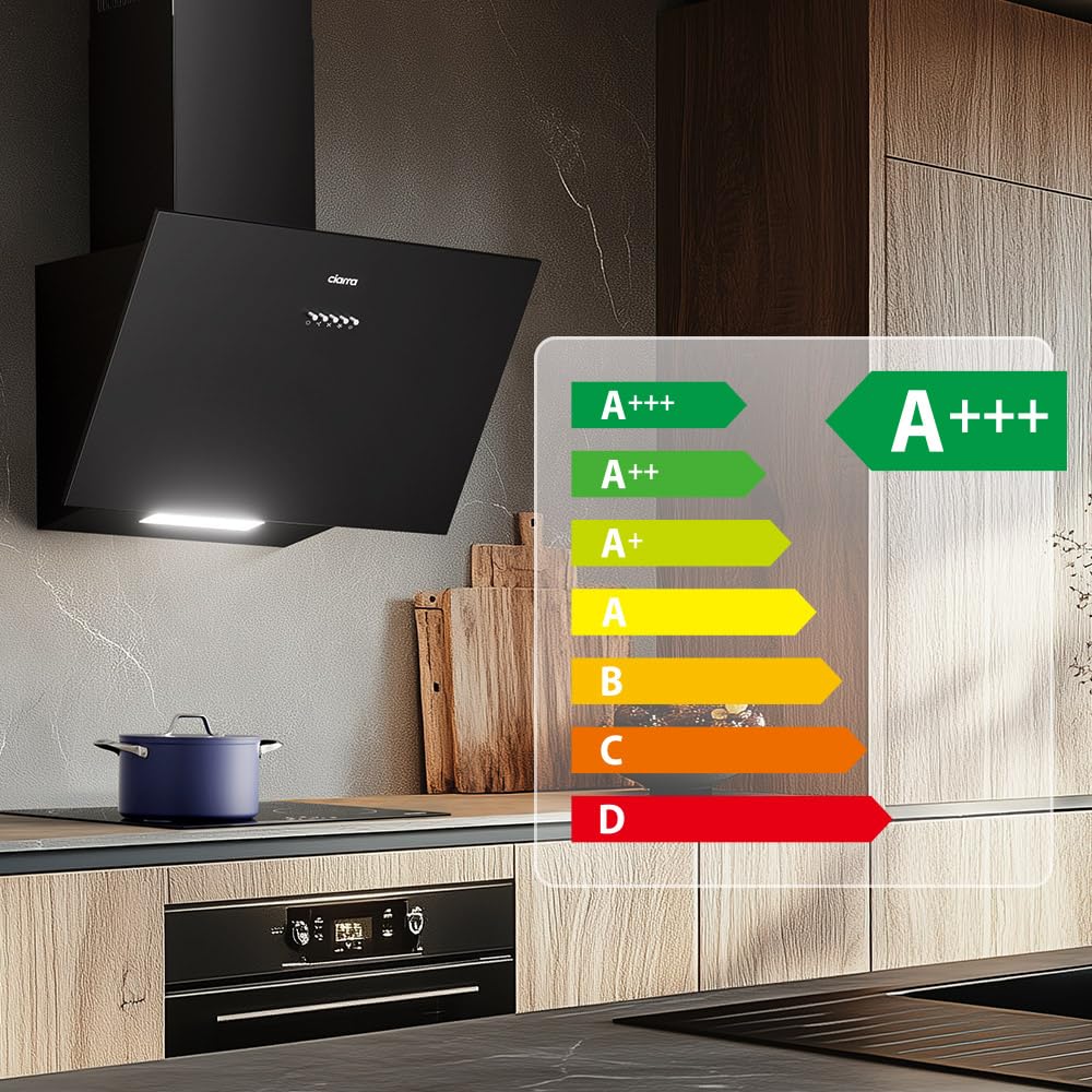 CIARRA CBCB6762A Cappa Aspirante Inclinata 60 cm Classe A+++ - 650 m³/h - Cappa da Cucina 3 Velocità con Filtri Carbone Inclusi - Ricircolo o Scarico - Nero