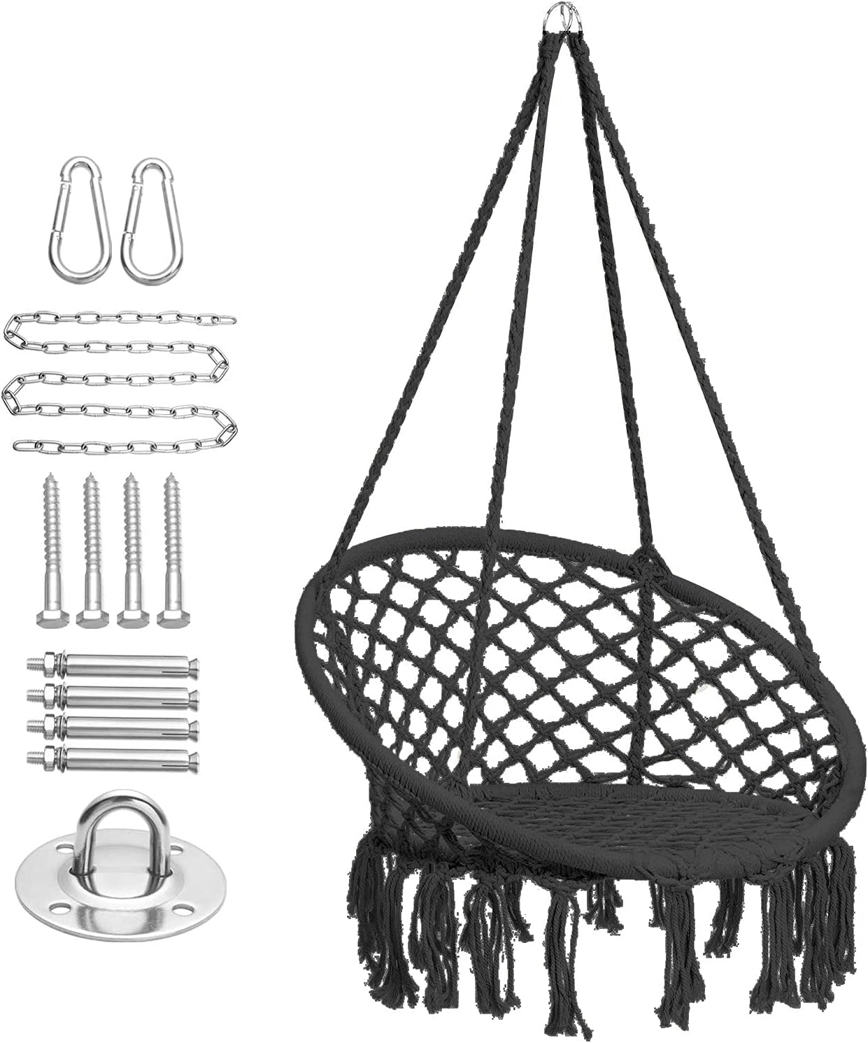 CCTRO Hammock Chair Macrame Swing with Haning Hardware Kits,Boho Style Hanging Swing Chairs for Indoor/Outdoor Home Patio Porch Yard Garden Deck,265 Pound Capacity (D Black)