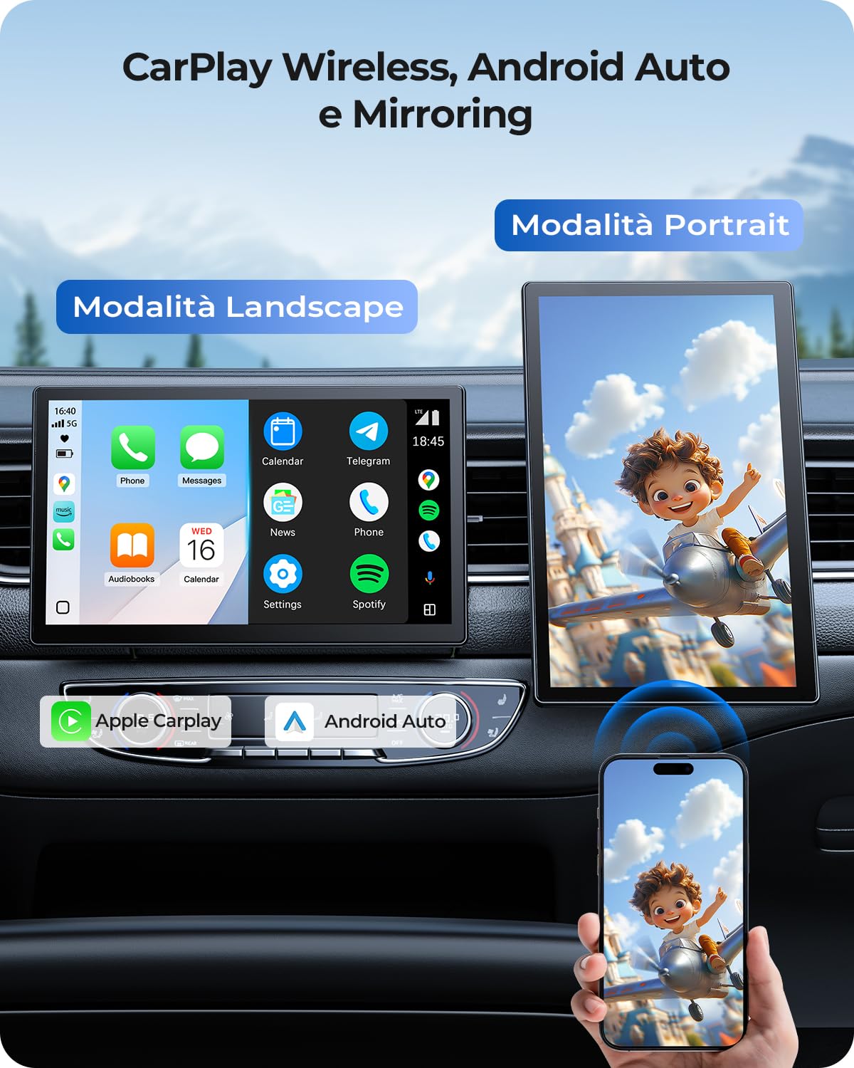 Schermo Vehicolo Wireless 9 Pollici Ottimizzato per CarPlay e Android Auto - Dettaglio
