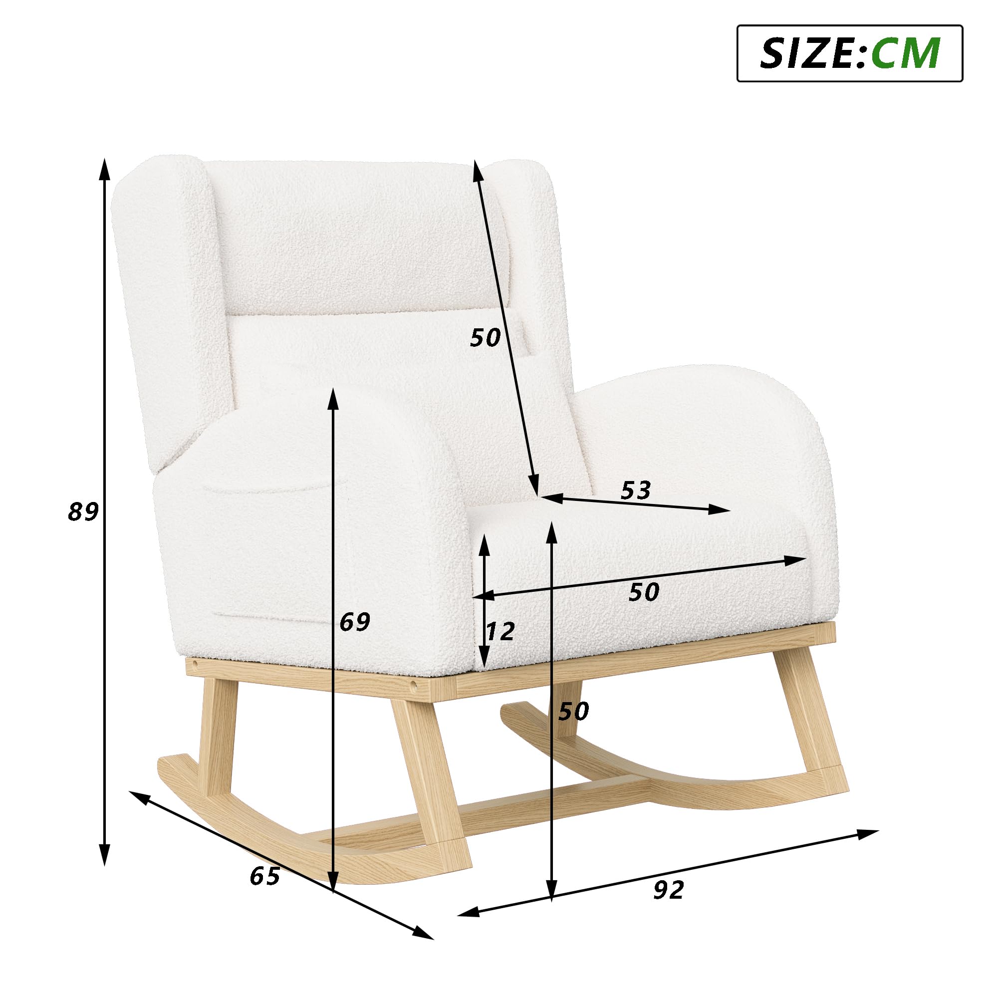 Rocking Chair,Living Room Rocking Chair Interieur,Chaise à Bascule avec Coussin Lombaire, Fauteuil a Bascule Allaitement en Velours Teddy avec Pieds en Bois Massif, Blanc