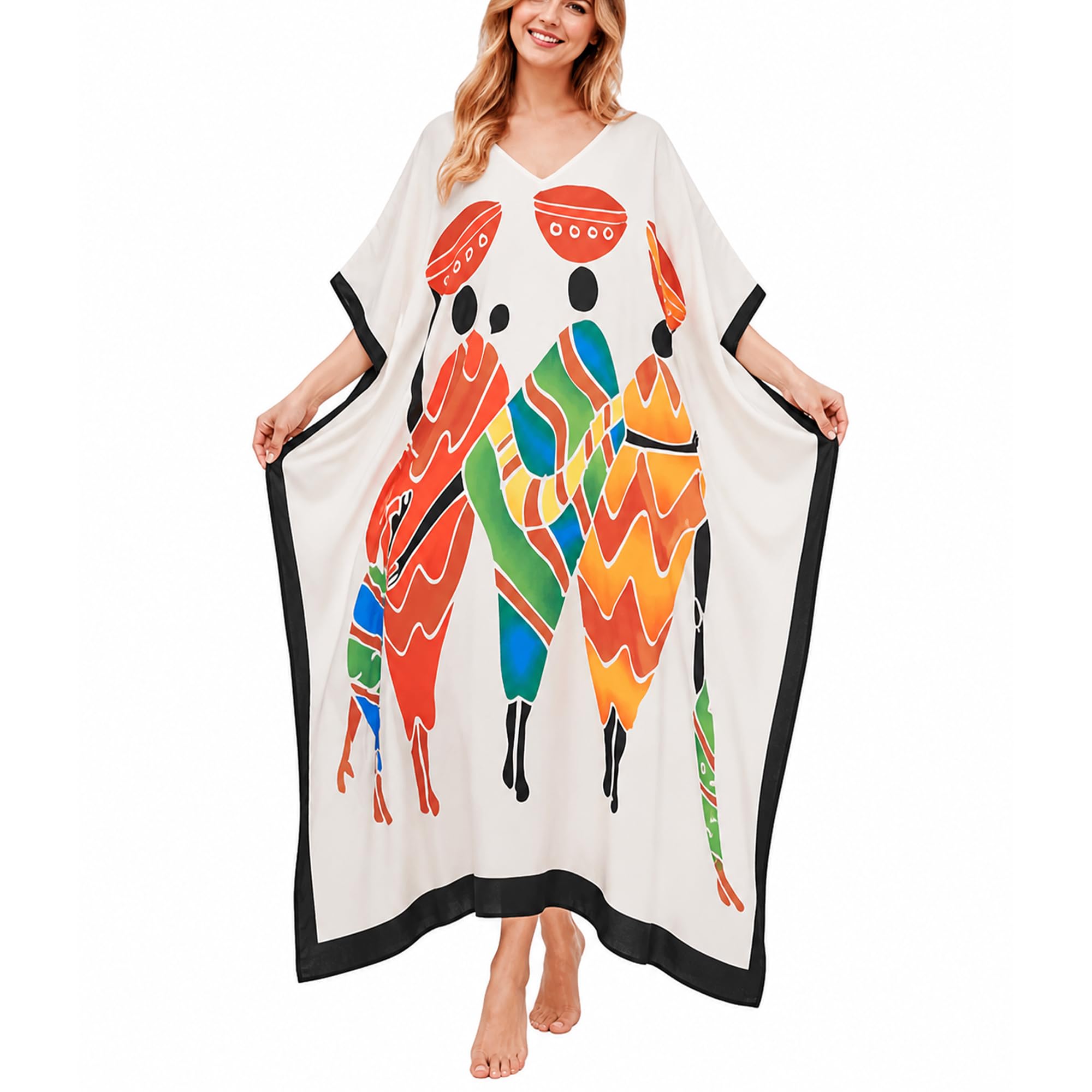 Gypsie Blu Women Plus Size Kaftan Dress Beach Cover Up Maxi Dresses for Women, V-Neck Kimono Sleeve 1X–3X