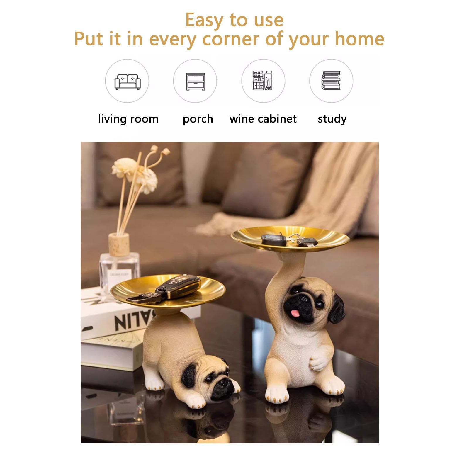 Amazon.co.jp: 樹脂パグ犬の彫刻パグ装飾保持収納トレイトレイコイン銀行入口キースナックホルダー現代アート像ホームデスクトップ装飾装飾  (Color : Yellow1, Size : 12*14*22.5cm) : ホーム＆キッチン