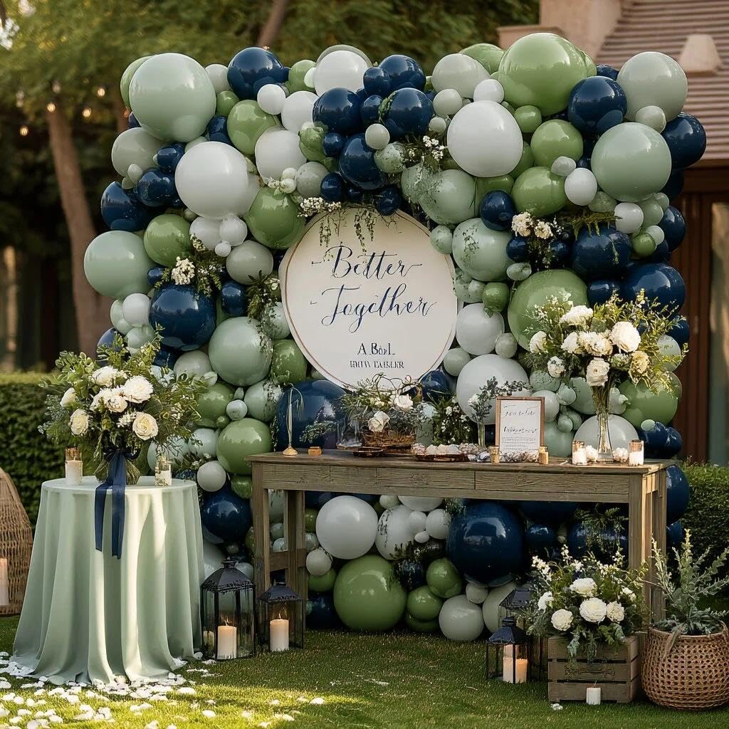 Kit de guirnalda de globos azul marino y verde con doble relleno, azul oscuro, verde salvia, pastel, para baby shower, selva, safari, boda, fiesta de cumpleaños