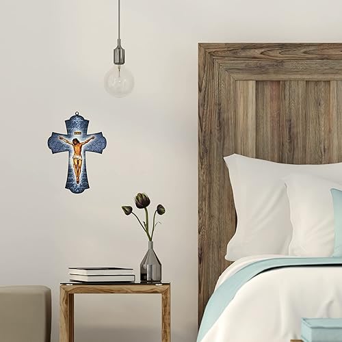 Miniatura 4 de Needzo Crucifijo azul marino de madera con láser para pared, oración religiosa colgante para decoración del hogar, decoración católica, recordatorio