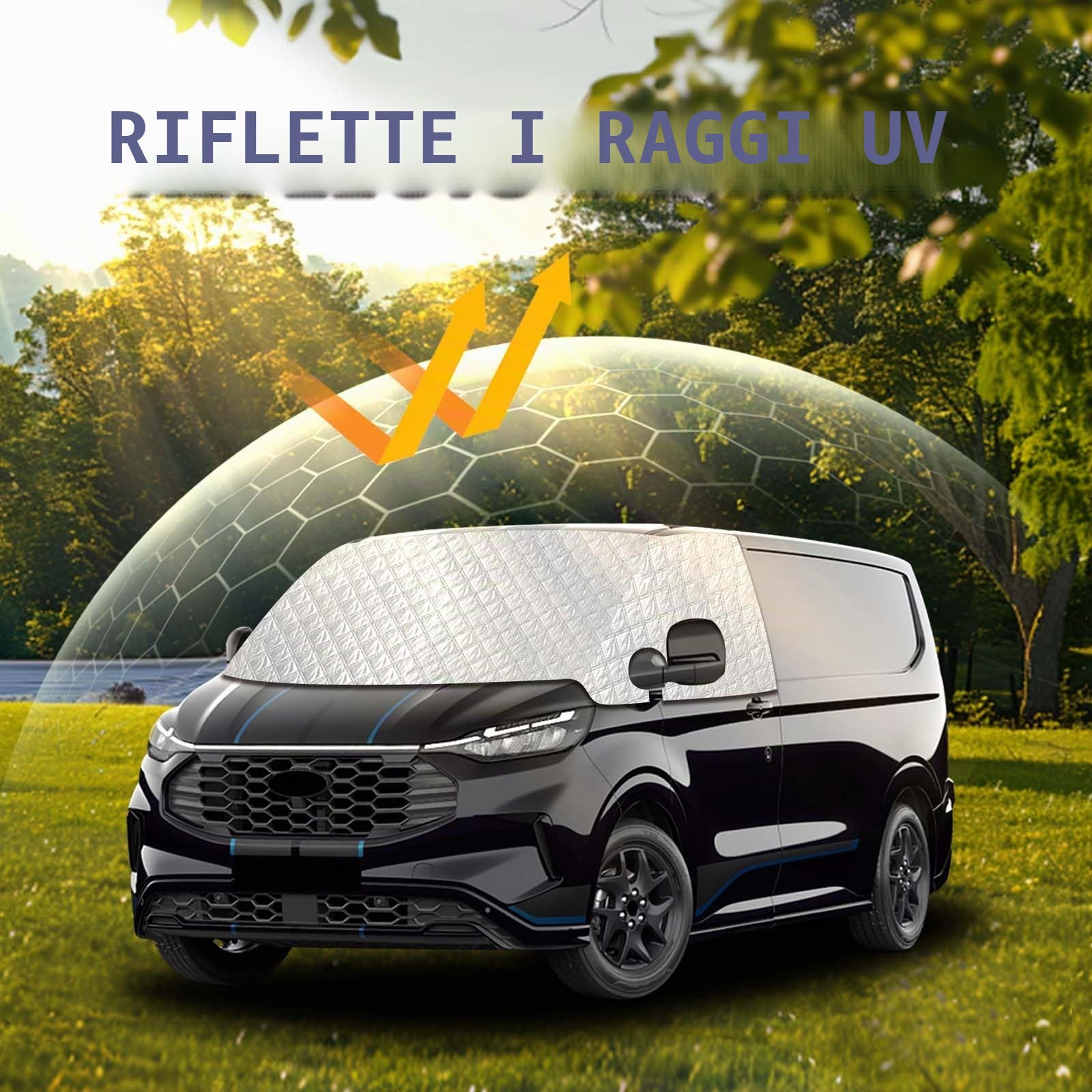 Copertura per parabrezza compatibile con VW New Transporter (2024-2026) | Ford Transit Custom & Tourneo Custom (2023-2026) | Protezione solare e dal gelo per 4 stagioni | Protezione termica contro le