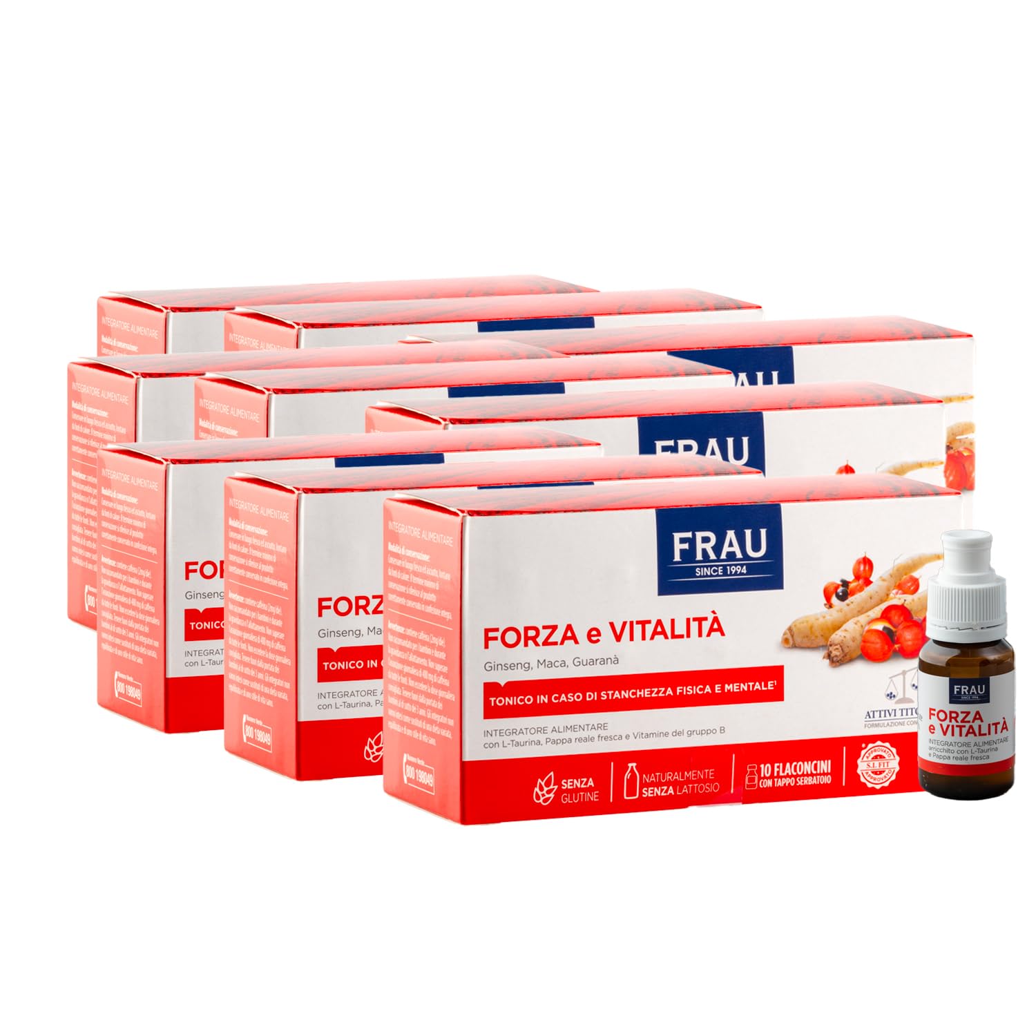 FRAU Forza e Vitalita’, Integratore Energia A Base Di Estratti Vegetali, 9 confezioni X 10 Flaconcini Con Tappo Serbatoio, Integratore Stanchezza Fisica E Mentale, Senza Glutine E Lattosio, Bianco