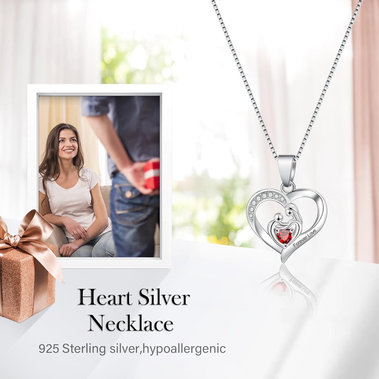 WILLSHINE Mothers day gifts for Mum,Real Red Rose Box with Heart Silver Necklace,Eternal Rose with Mother Garnet Pedant,Crystal Necklace for Mother Gifts,Preserved Rose Birthday Gift.