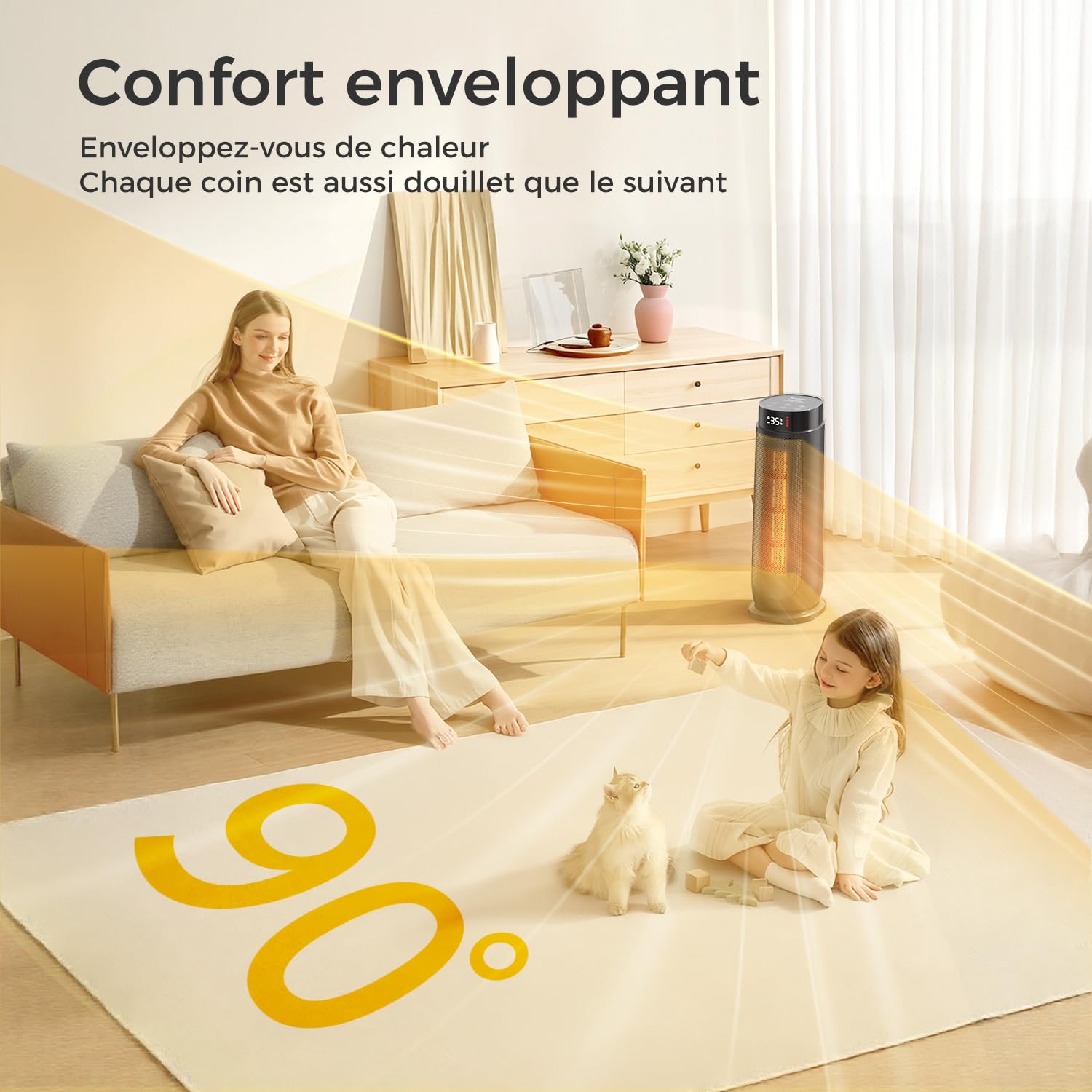 Aroeve Chauffage d'appoint, PTC 2000W Chauffage Electrique, 4 Modes dont Éco, Oscillation 90°, Minuterie 24H, Télécommande, Puissant et Silencieux avec, Protection contre Surchauffe et Chute pour la M