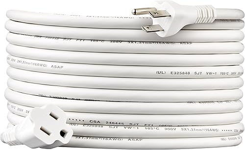 Tienda Basics Cable de extensión, 20 pies, extensor de salida de 3 puntas, cable de extensión interior, 13 amperios, 125 V, blanco