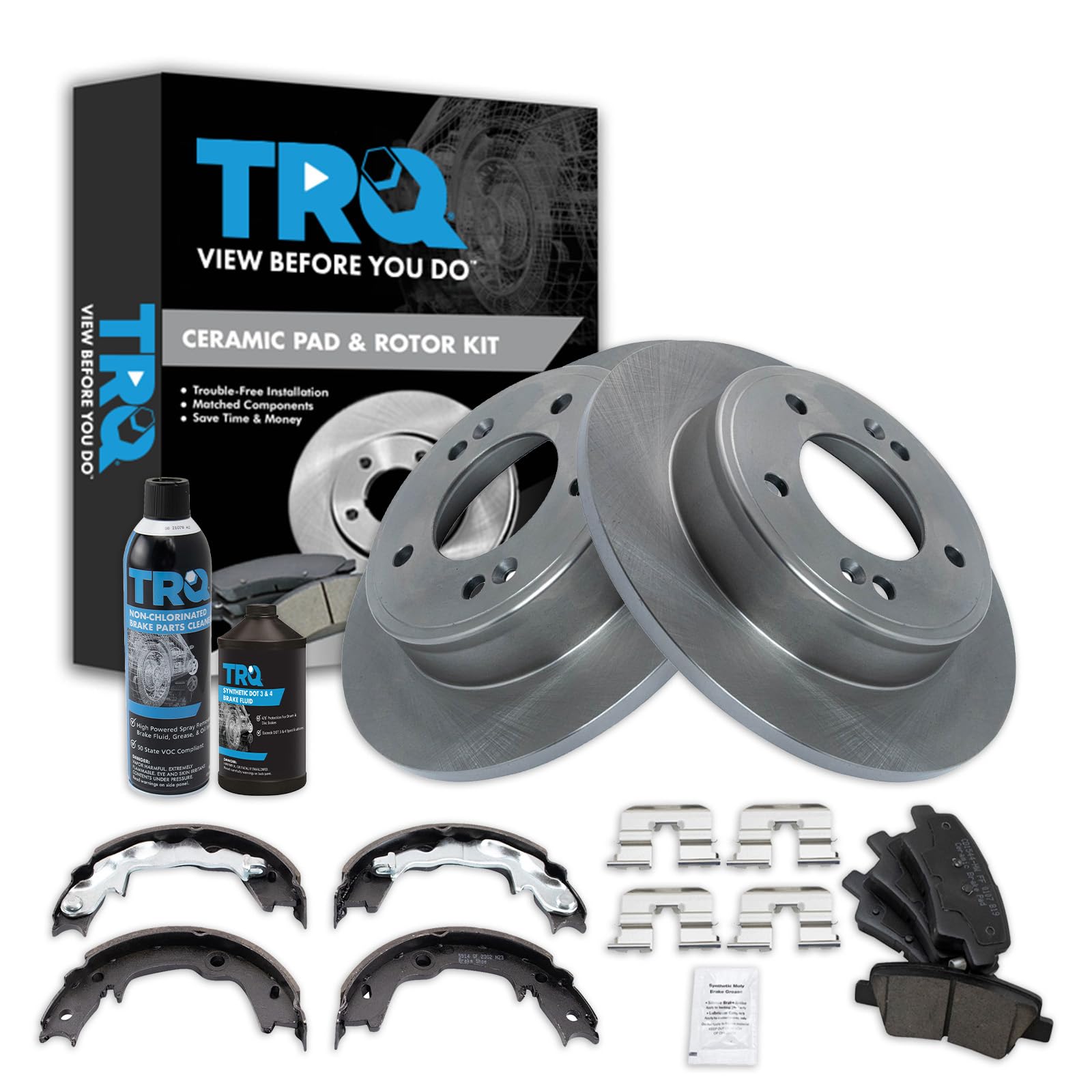 TRQ Rear Brake Pad &amp; Rotor Kit, with Chemical Kit Parking Brake Shoe Set Ceramic Compatible with 2012-2013 Hyundai Veloster