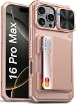 Vihibii for iPhone 16 Pro Max Case Wallet with Card Holder (4 Cards) [RFID Blocking] & Slide Camera Cover, Military Grade Drop Protection, Rugged Back & Silicone Edge, 6.9", Rose Gold