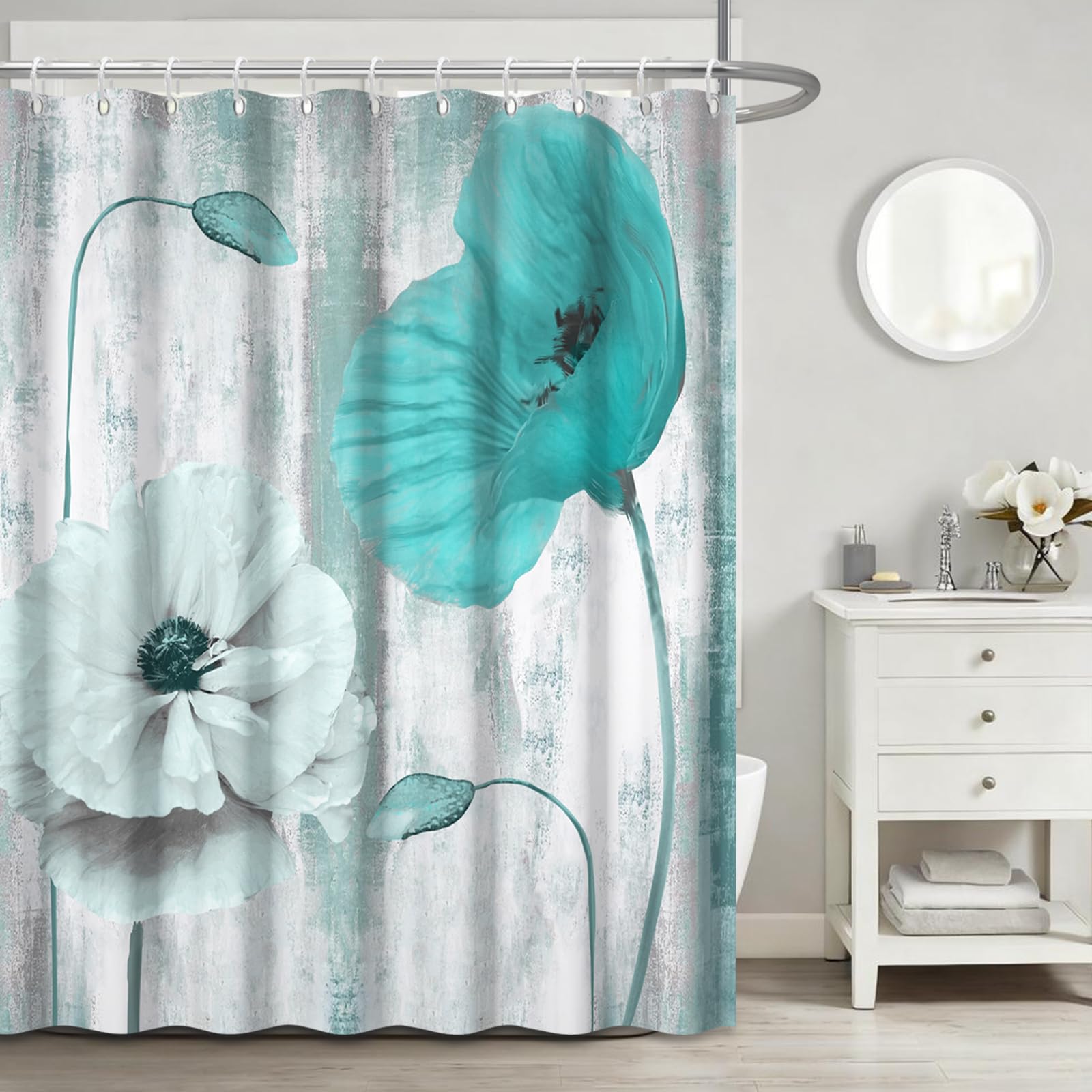 GICDSU Teal Floral Shower Curtain, Boho Farmhouse Flower Shower Curtains for Bathroom, Watercolor Turquoise Poppy Shower Curtains, Washable Fabric