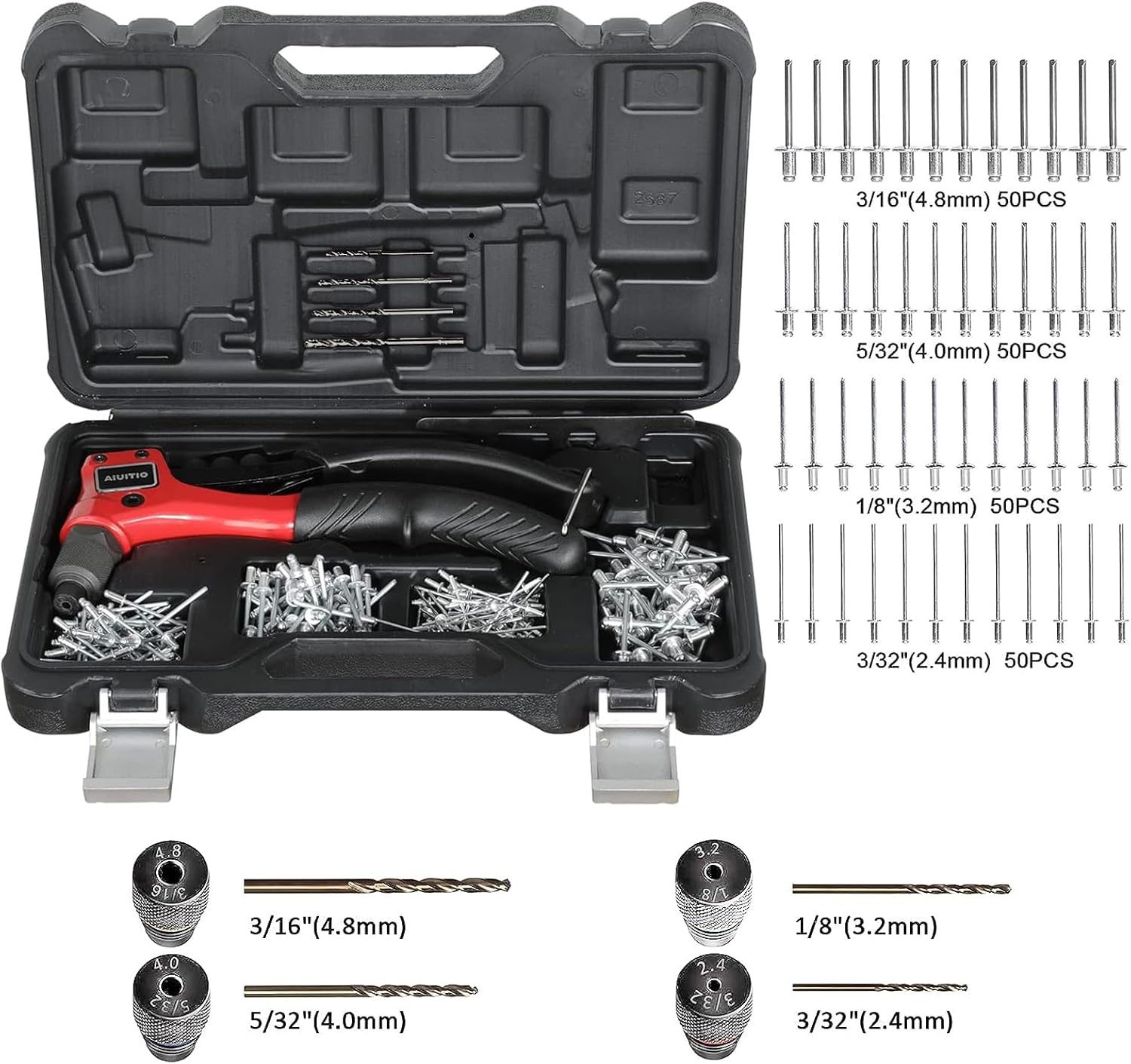 Rivet Gun, AIUITIO Pop Rivet Tool Kit with 200 Rivets and 4 Drill Bits, Manual Hand Riveter Kit with Rugged Carrying Case