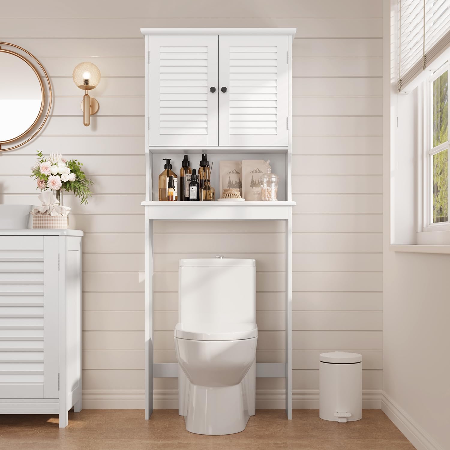 Xbro Armario para Inodoro y Lavadora, Mueble Alto con Puertas y Estantes Abiertos, Ahorra Espacio, 65 x 22 x 163,5 cm,Blanco
