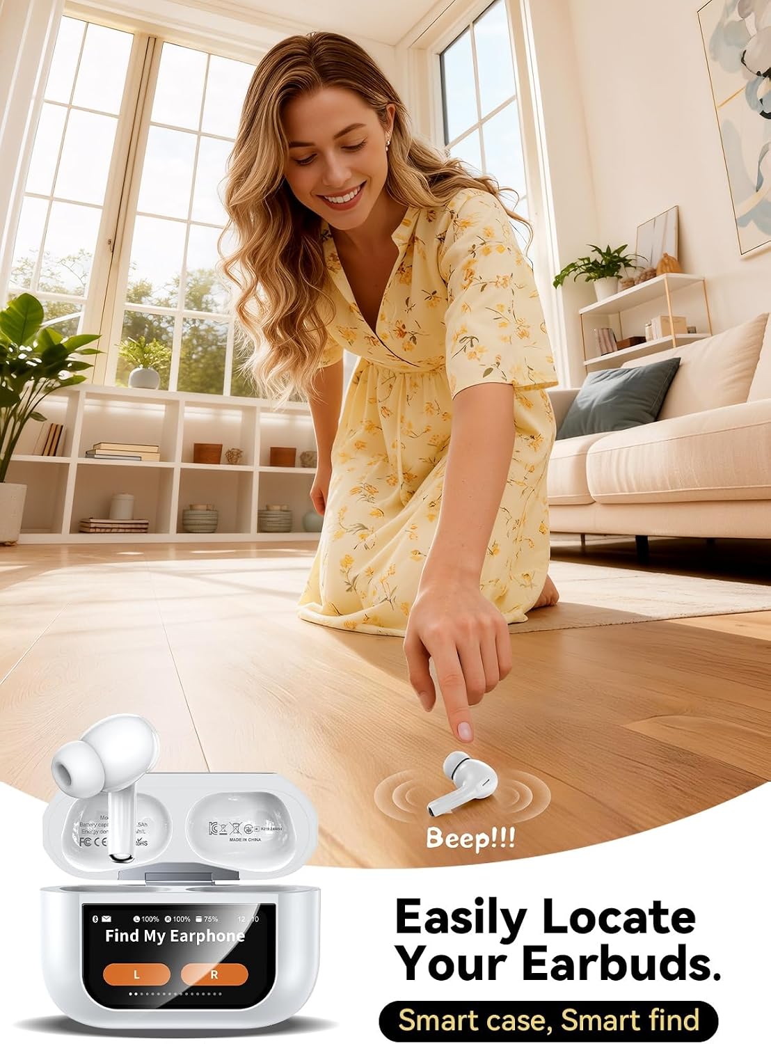 Bucephalus Wireless Earbuds, Bluetooth 5.4 Ear Buds with Smart Touchscreen Case & Noise Cancelling, 48H Playtime, Bass Stereo Sound, Compatible with iPhone/Android, Pad - Pearl White
