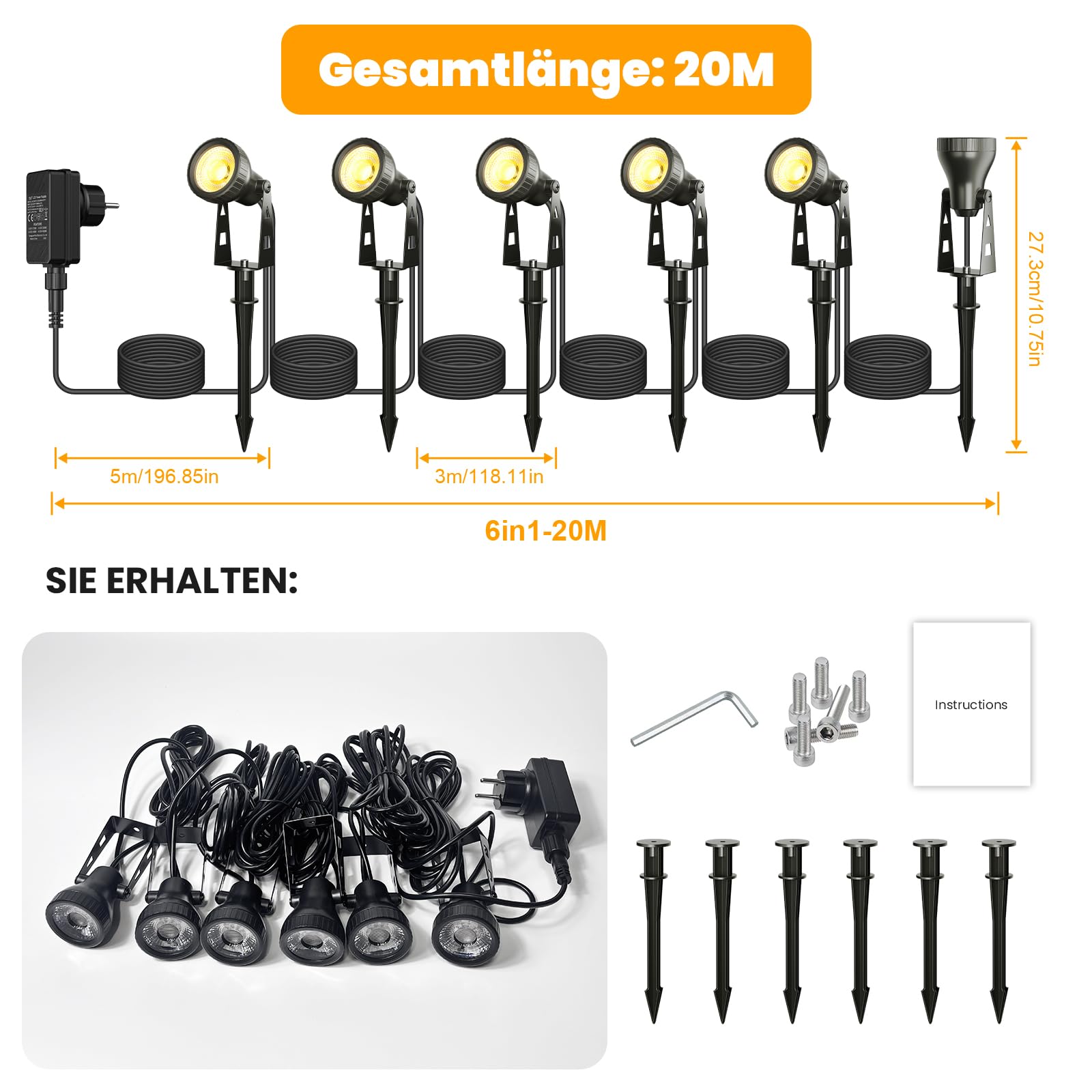 Kawaya Gartenbeleuchtung mit Strom 6Pcs Gartenlampen für Draußen Ip68 Wasserdicht Gartenleuchten 36V/18W Gartenstrahler 20M Led Außen Gartenlampe 3200K Gartenlampen Strahler mit Erdspieß