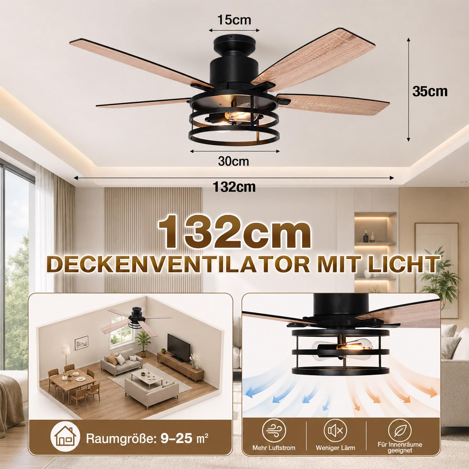 132cm Deckenventilator mit Beleuchtung Doppelseitige Flügeln, Leise Deckenlampe mit Ventilator, Fernbedienung Timer, 6 Geschwindigkeiten DC Motor Umkehrbar, 2700K, für Schlafzimmer Wohnzimmer