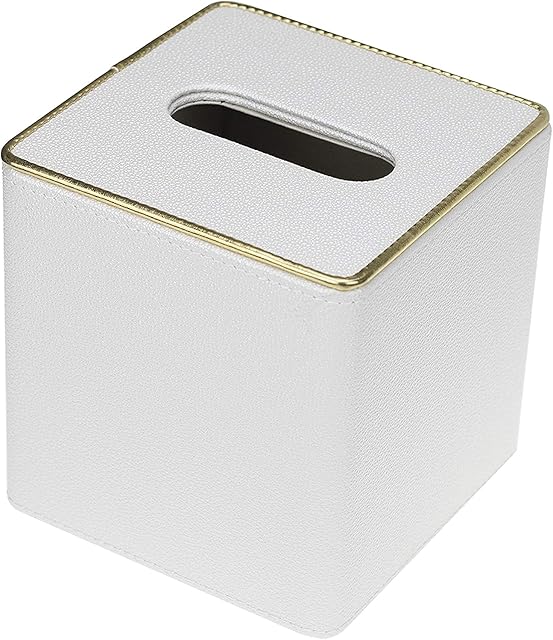 Ukwell Square Tissue Box Cover Faux Leather Tissue Paper Holder Modern White Pearl Design for Bathroom Vanity Countertop, Bedroom Dresser, Night Stand, Desk and Table