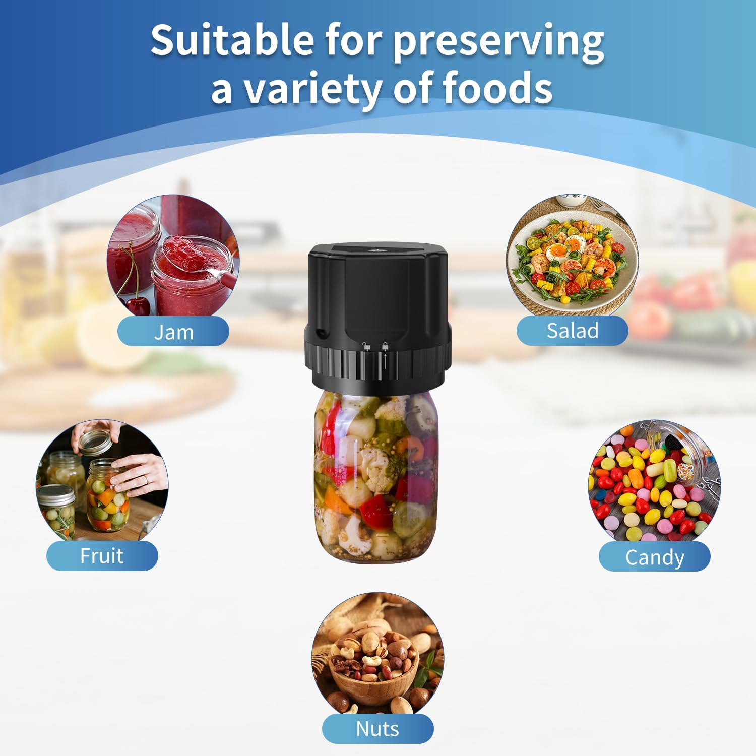 Electric Mason Jar Vacuum Sealer Kit (Lids Included), Handheld Automatic Vacuum Sealer for Jars, Bags, Food Savers & Containers, Food Preservation System for Canning Jams, Pickles, Dry Foods