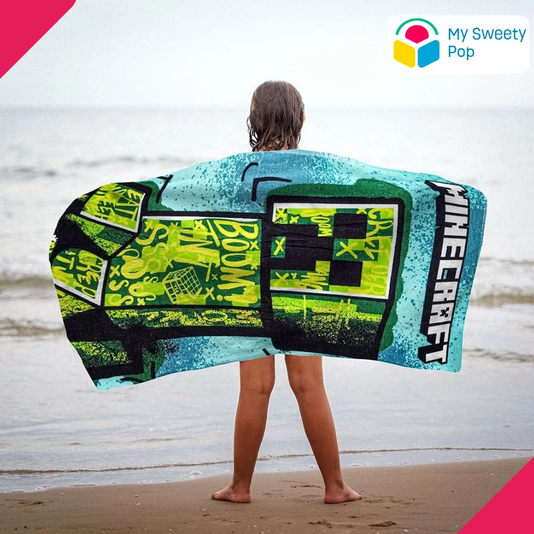 My sweety pop Ręcznik kąpielowy Minecraft Green 70x140 cm Prześcieradło plażowe | Mikrofibra dla dzieci Oficjalne akcesorium do gier wideo dla graczy, miękkie i szybkie schnięcie