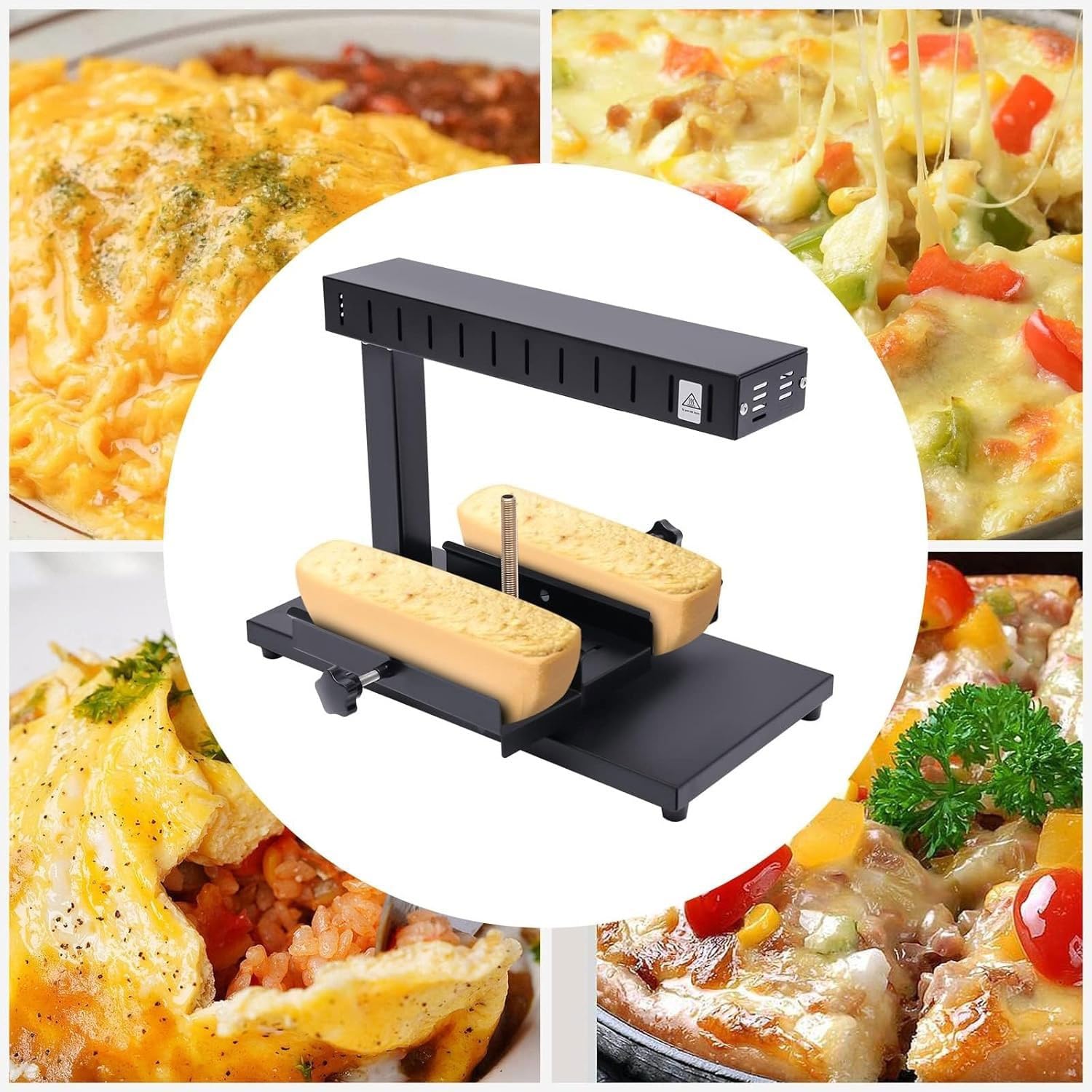 Fundidor de Queso Comercial, máquina de raclette eléctrica de 750 W, máquina Suiza for Hacer Platos, Calentador for derretir Queso, 2 Medias Ruedas de Queso Ajustables, for Media Rueda de Queso Nacho