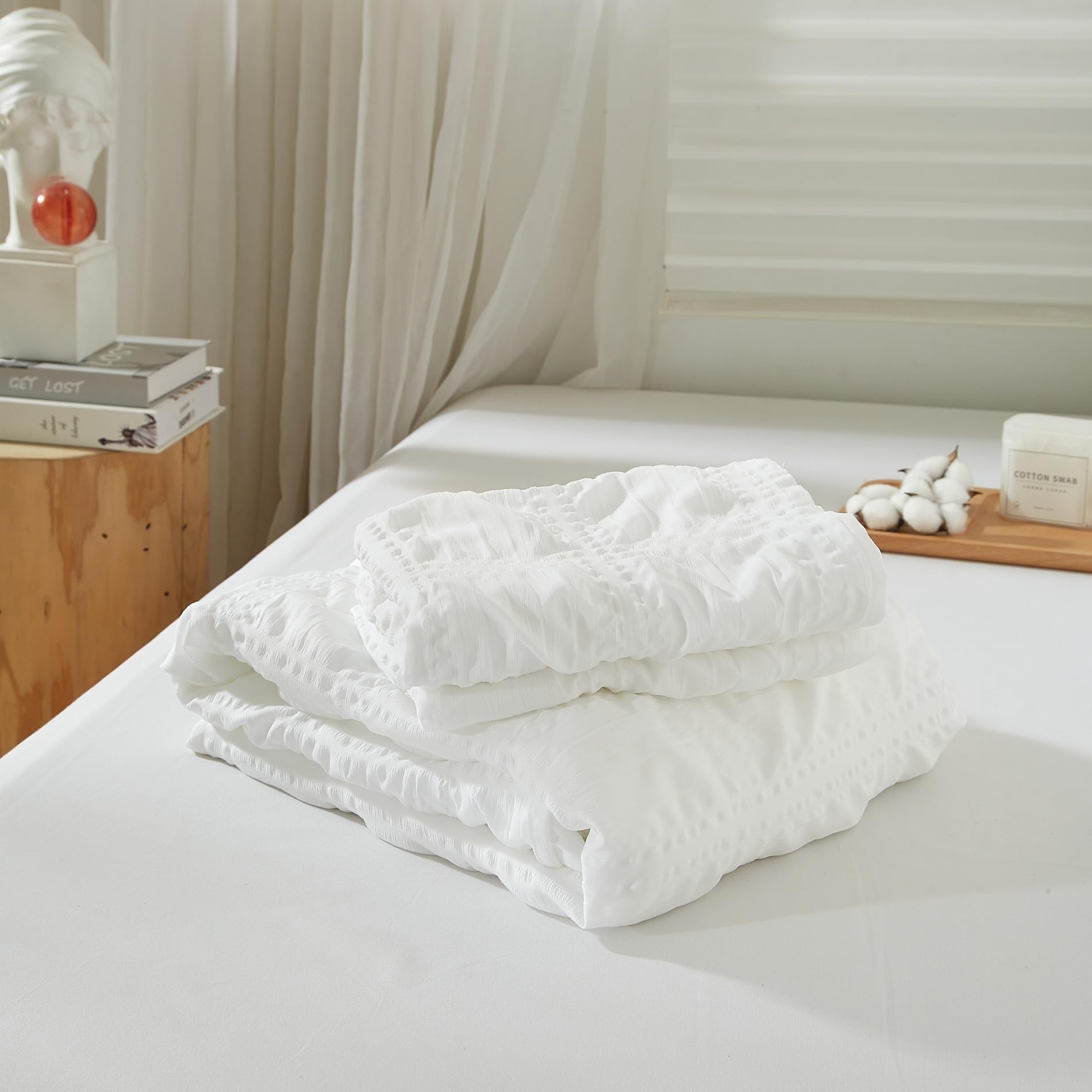 Gezu Seersucker - Funda nórdica de 220 x 240 cm, color blanco gofrado a cuadros estructurados, juego de funda nórdica de microfibra suave con 2 fundas de almohada de 65 x 65 con cremallera