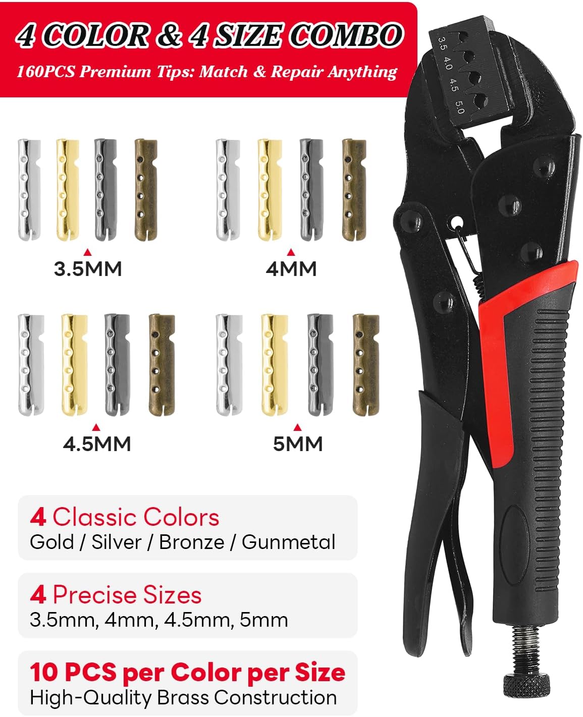 Aglet Crimping Tool Kit, Aglets for Shoelaces, 160PCS Metal Aglets Tips & Professional Crimper, Shoelace Aglets Crimping Tool For 3.5/4/4.5/5mm Shoelaces, Hoodie Strings, Paracord - 4 Colors 4 Sizes