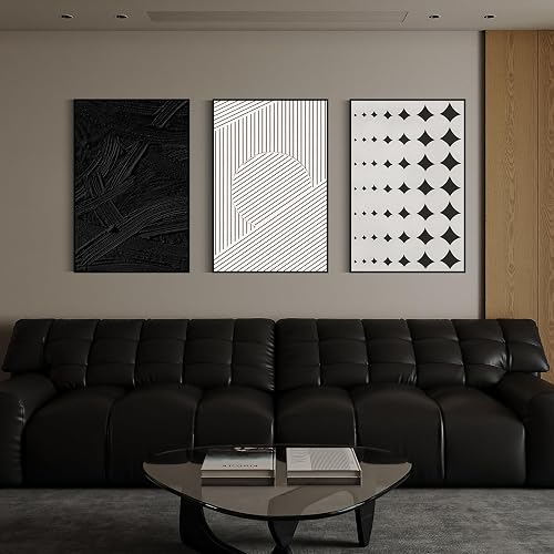 QKF 3Pcs Black White Abstract Geometric Textured Framed Canvas Wall