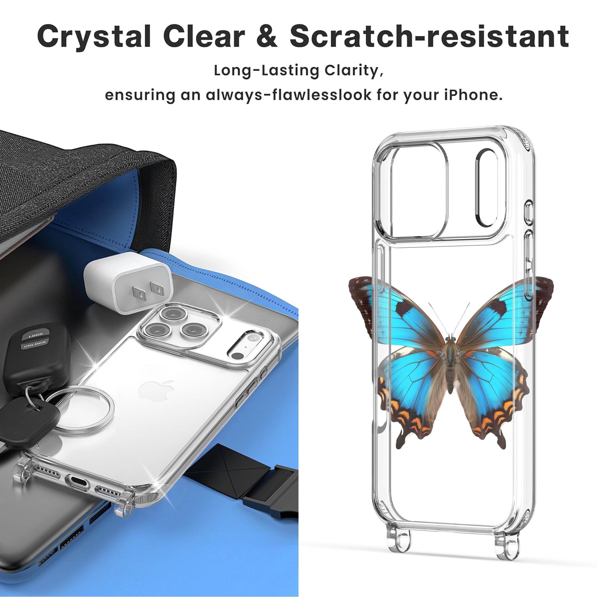 Etui do iPhone'a Pro z paskiem, przezroczyste, odporne na wstrząsy etui na telefon crossbody ze zdejmowaną ochroną przed kradzieżą, regulowana smycz, dla kobiet, w podróż, zakupy, wędrówki