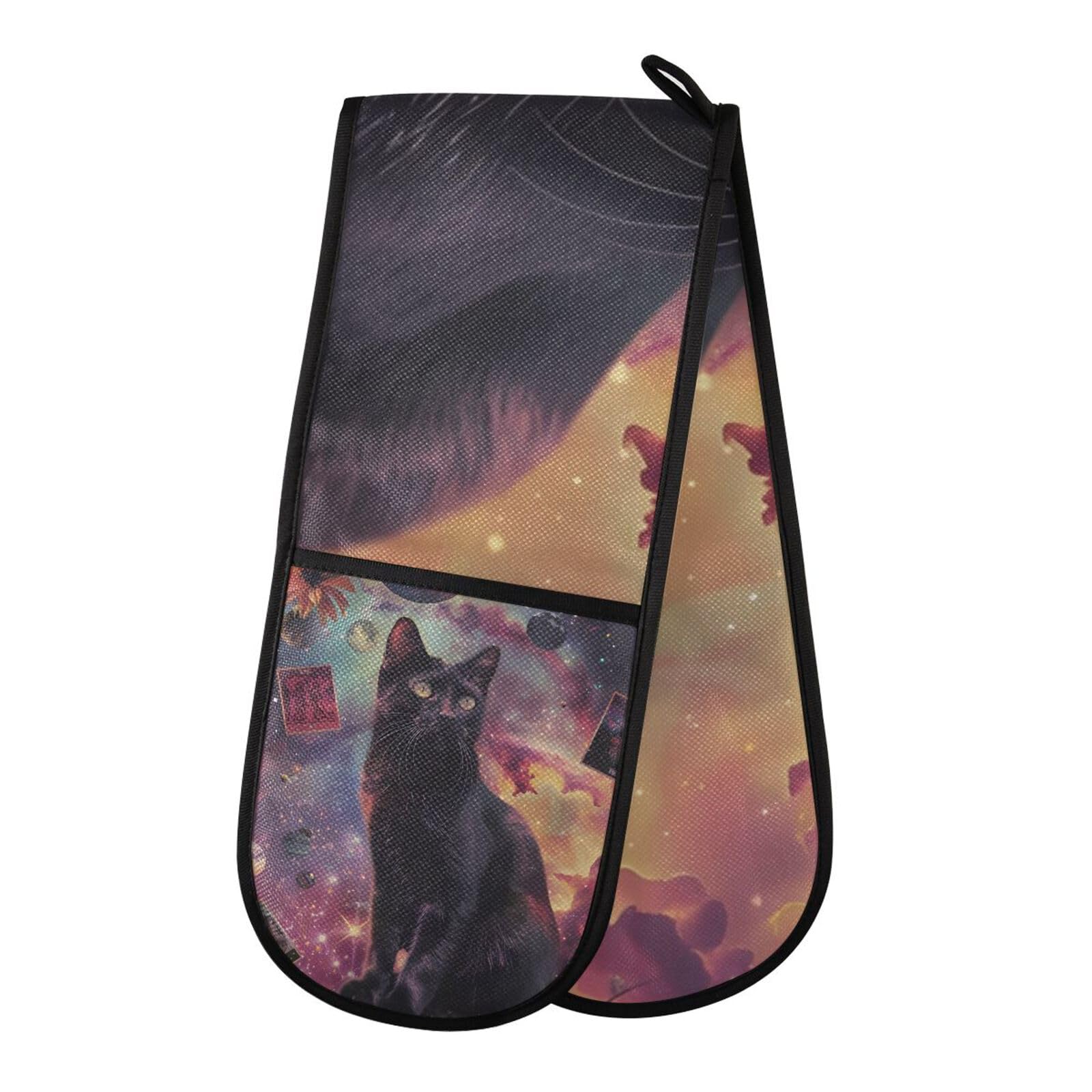 Oven Gloves Double Oven Gloves Black Cat Galaxy Dollar Oven Mitts Pot Holder Heat Resistant Quilted for BBQ Baking Kitchen Cooking Gloves
