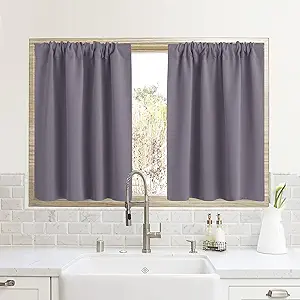 RYB HOME Small Window Curtains for Kitchen, Thermal Insulated Privacy Shades for Bedroom Basement Bathroom Door Half Window Tiers, Width 34 x Length 24 inch, 2 Panels, Greyish Purple