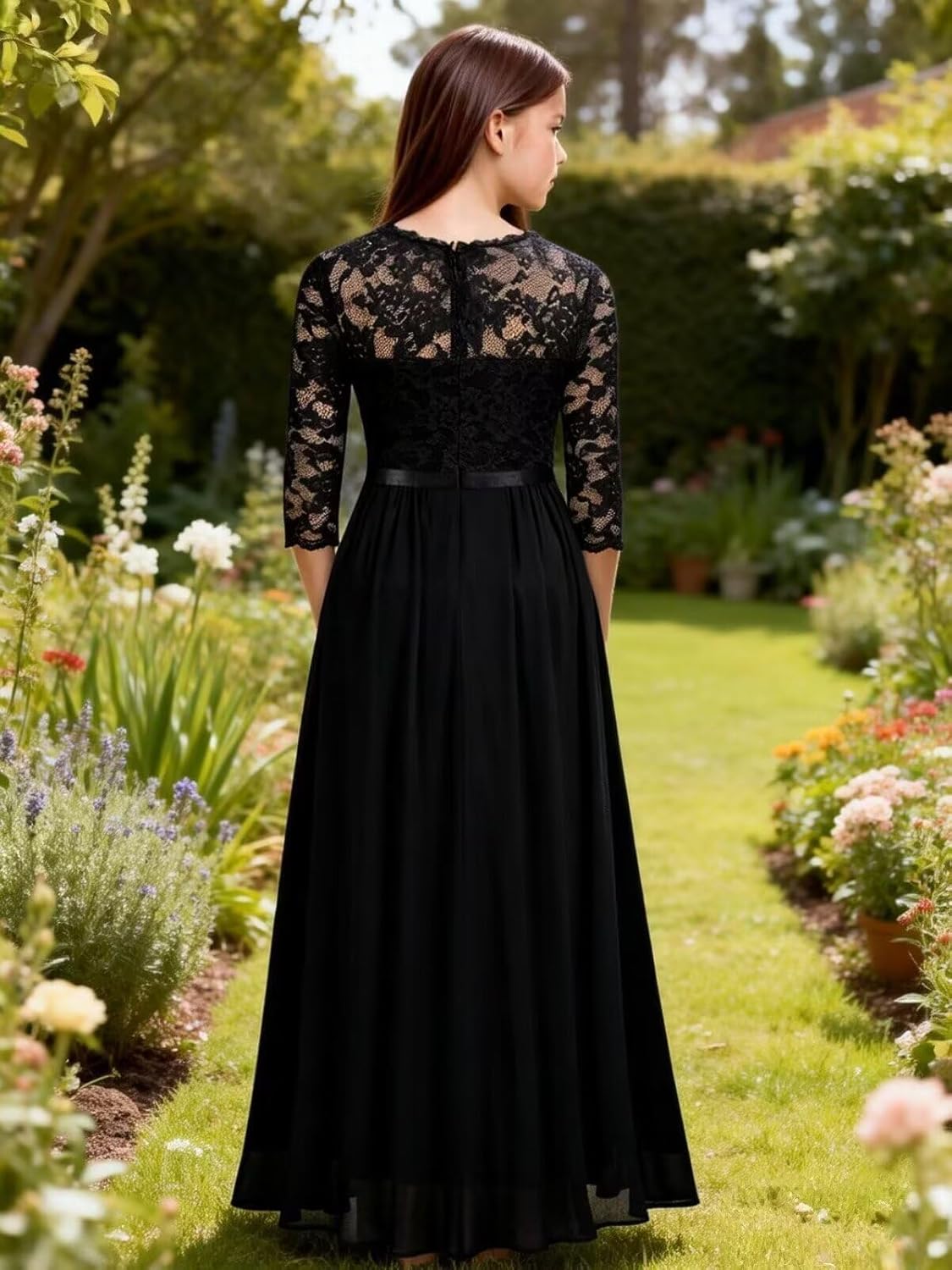 Junior Bridesmaid Dresses 3/4 Sleeves Lace Appliques Girls Bridesmaid Dress Chiffon Flower Girl Dress