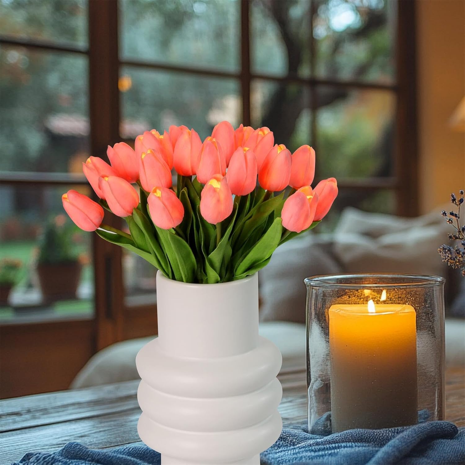 HOMESEASONS 20pcs Tulip Bouquet Lamp Artificial Flower Night Light Real Touch Tulip Night Lamp LED Flower Light Home Kitchen Decor(Pink)