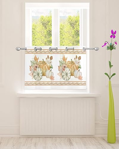 Pumpkins Sheer Curtains 24 Inch Length Light Filtering Curtain Panel for Windows, Autumn Farmhouse Flowers and Plants Texture Grommet Semi Sheer