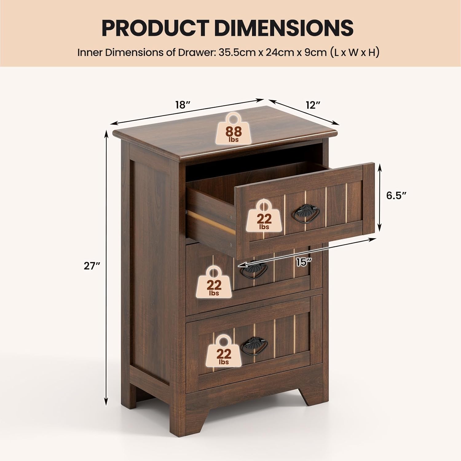 Giantex Nightstand with 3 Drawers, Bedside Table with Exquisite Metal Handles, Accent Table Sofa Side Table with Anti-toppling Device for Bedroom, Study, Walnut