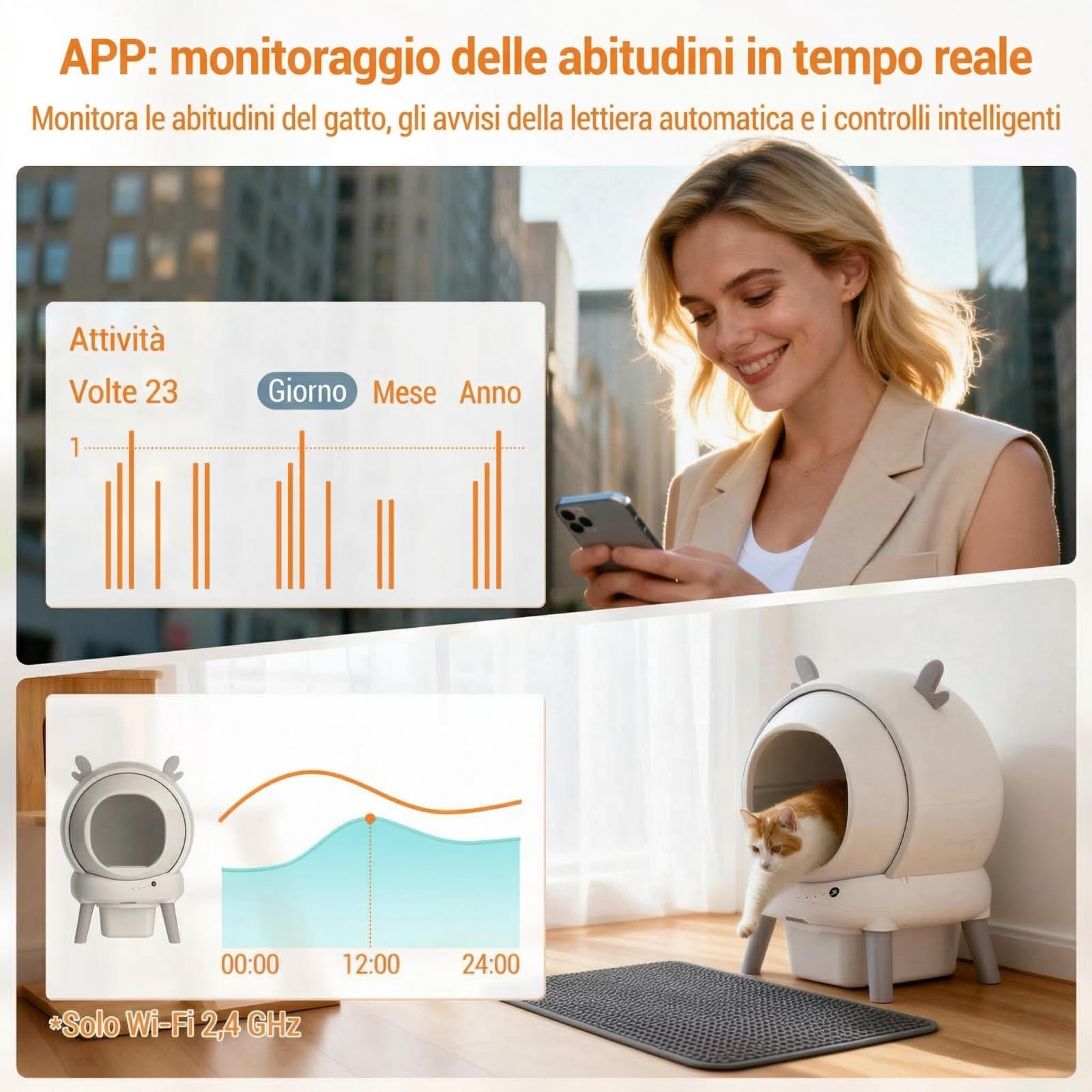 Vassoio Automatico per Gatti 60L – Lettiera Autopulente con APP WiFi e Sensori di Sicurezza, Cassetto Sigillato Anti Odore, Adatto per Gatti fino a 11kg, Grande Capacità
