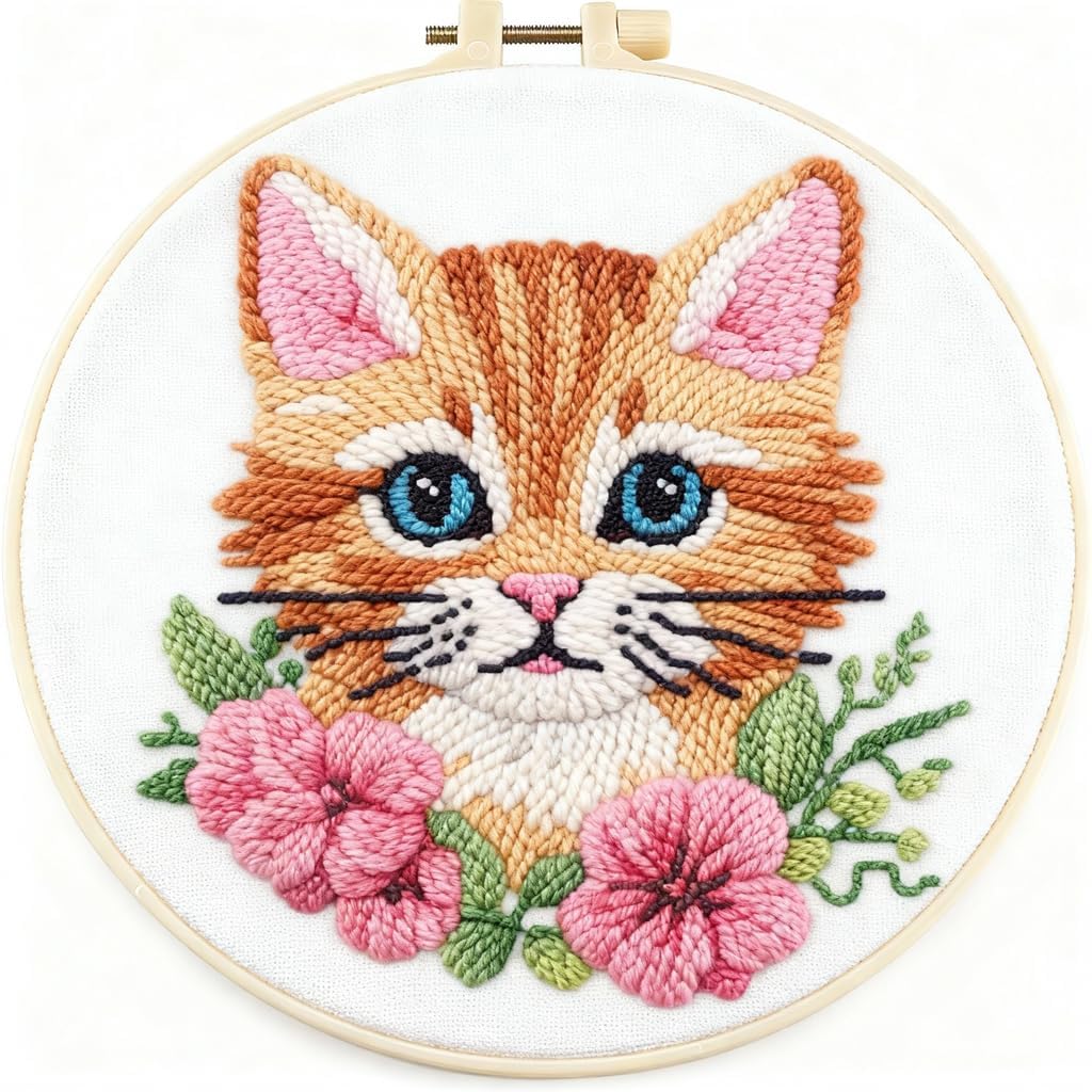 DIY Punch Needle Kits Cute Orange Cat and Flowers Easy for Beginners Starter Set with Hoop Needlepoint Embroidery Craft Hobby and Home Decor 20x20cm