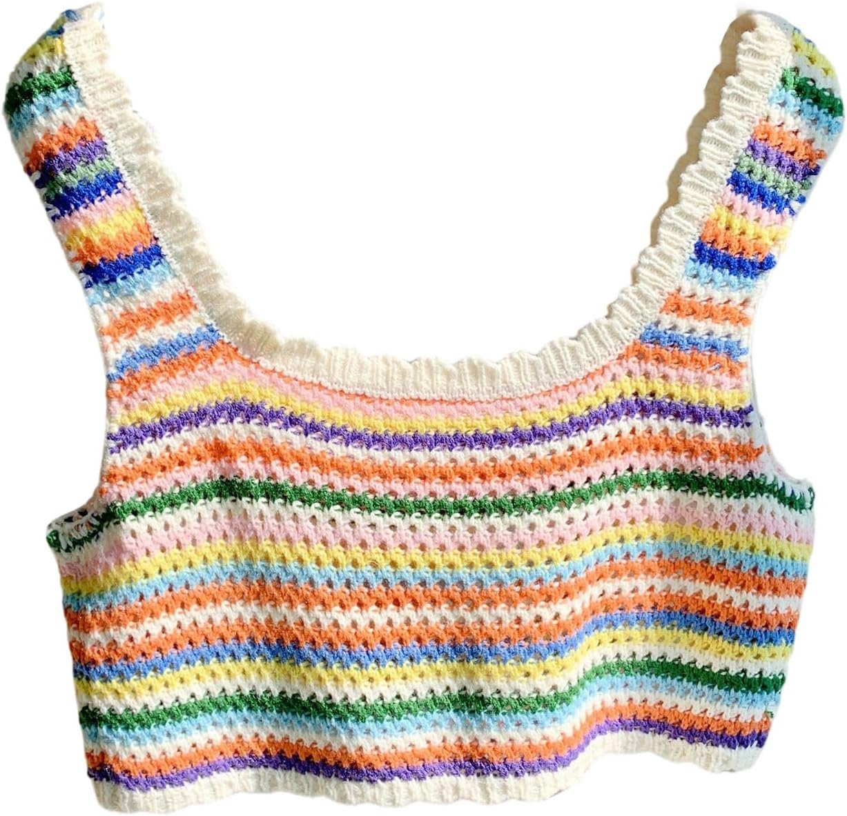 SHENHE Women's Crochet Sweater Tank Rainbow Striped Sleeveless Summer Knit Vest Crop Top