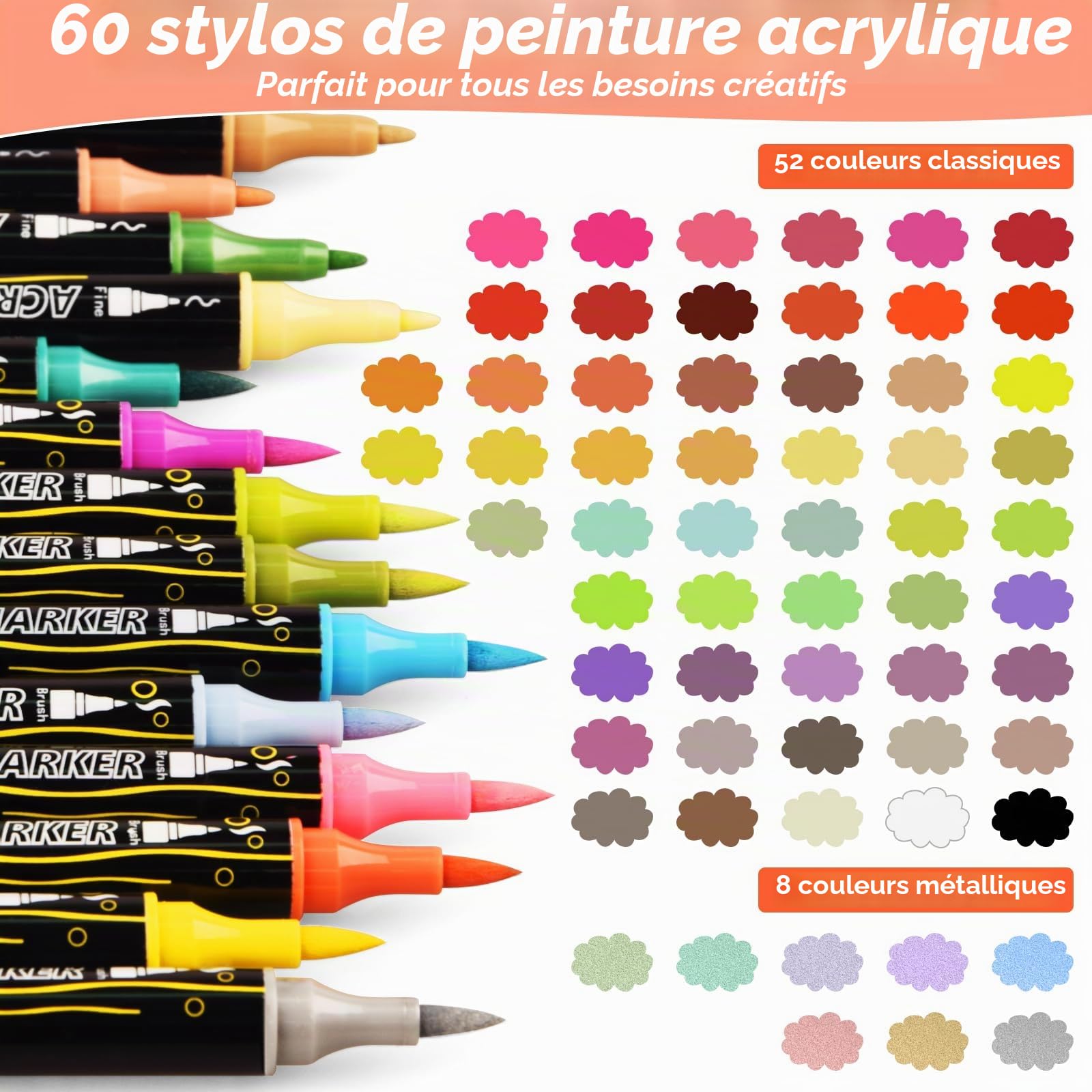 Feutre Acrylique, 100 Couleurs Marqueur Peinture Acrylique, Contient 12 Couleurs Métalliques, Double Pointe Acrylic Paint Marker pour adultes, professionnels