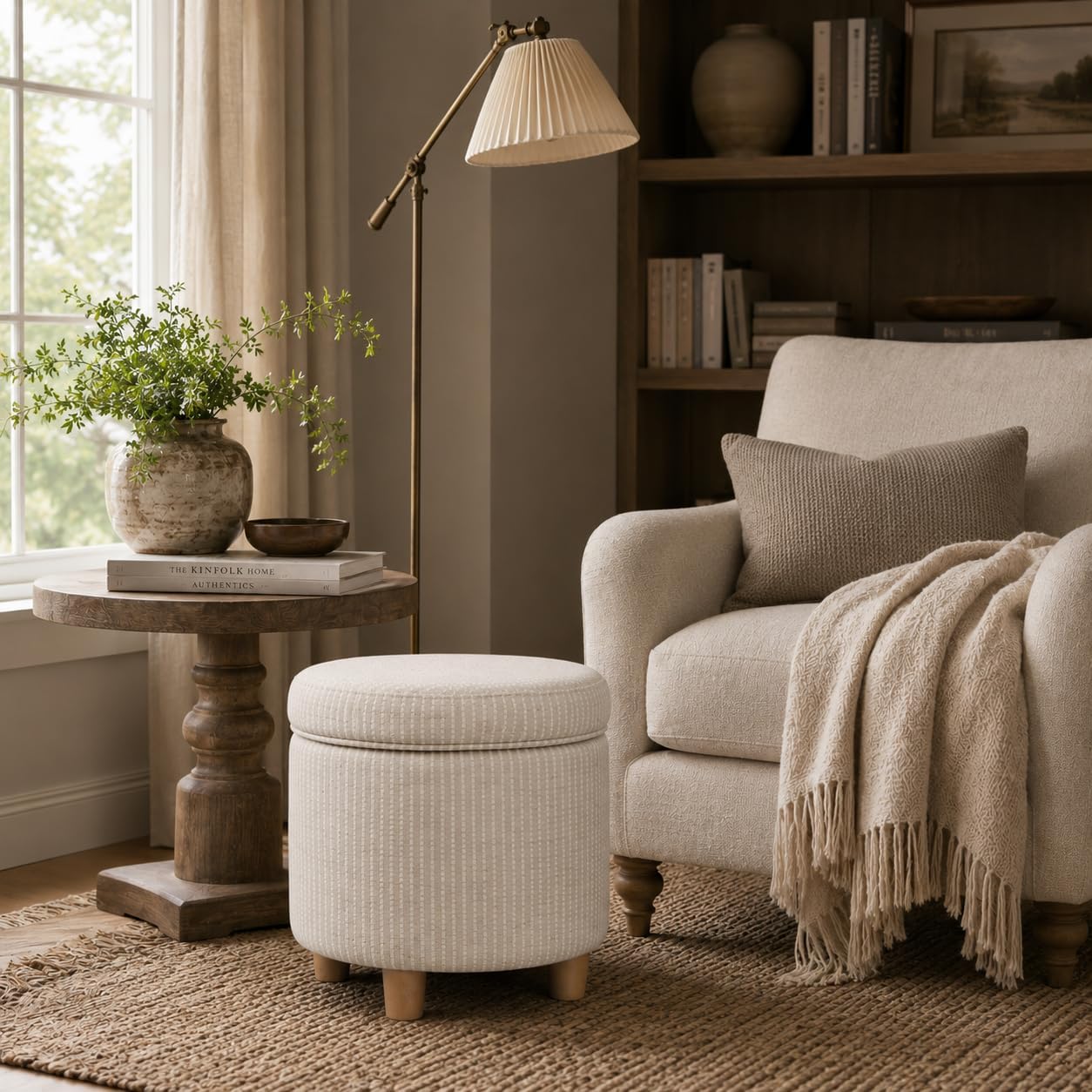 HomePop 19" Round Storage Ottoman - White Woven Stripe