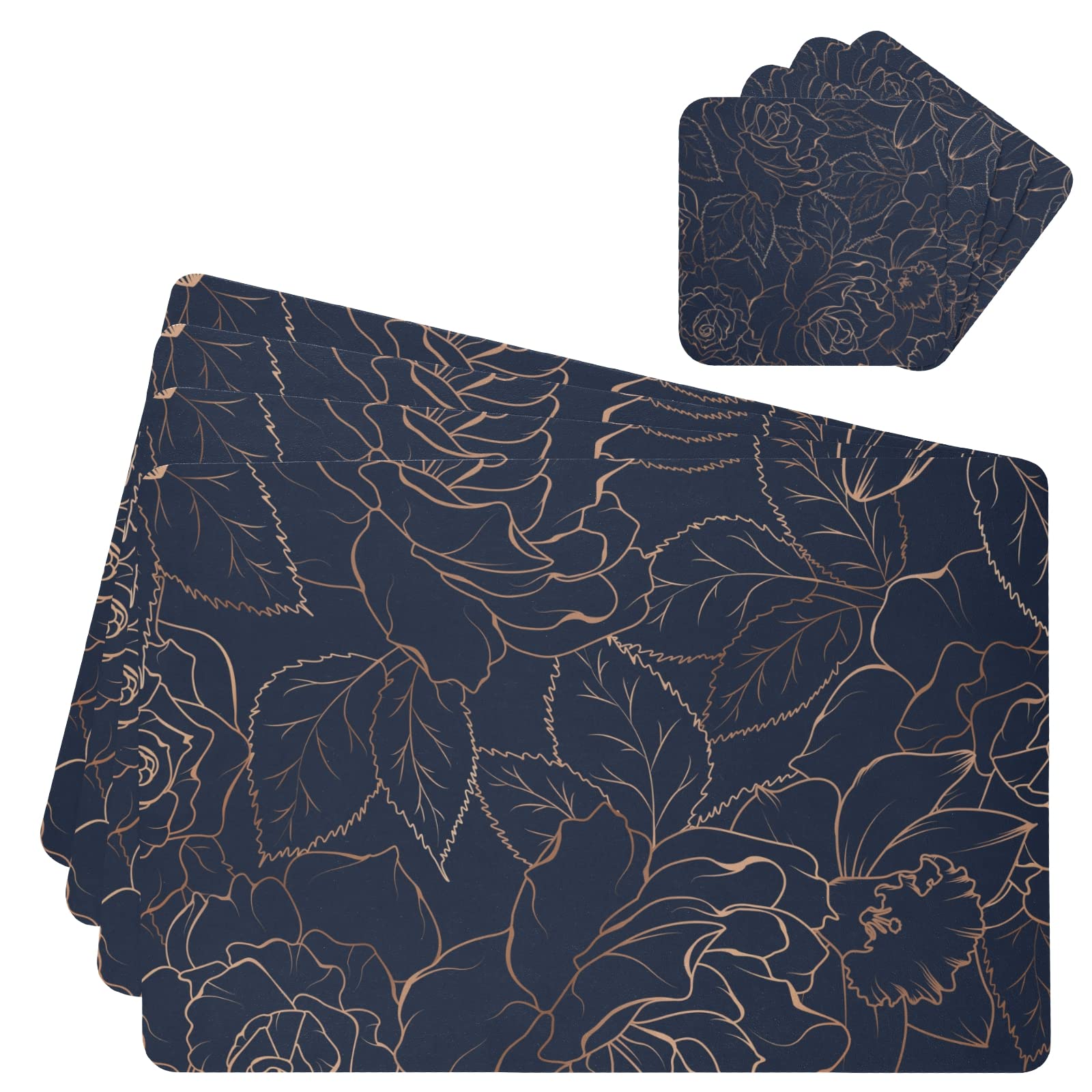 Poeticcity Multi 18 Copper-Gold Shiny Outline Rose Peony Flowers Leaves On Dark Navy Blue 1 Pc Waterproof Pvc Leather Table Placemat With 1 Pc Mug Coaster, Non-Slip Place Mats Holder With Cup Mat, Desk Pad For Dining