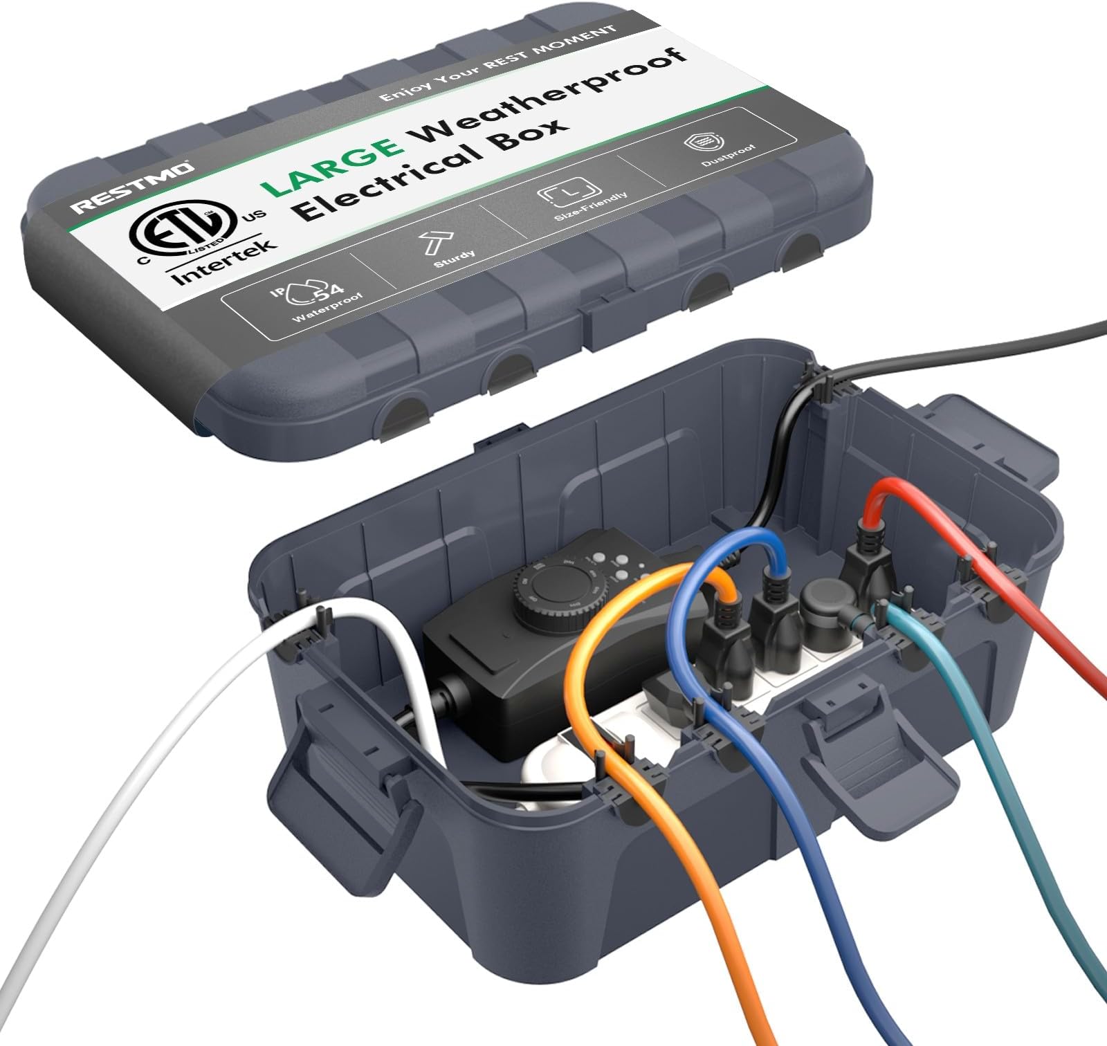 RESTMO Extra Large Waterproof Electrical Box (12.6×8.7×5.1 in), IP54 Weatherproof Outdoor Extension Lead Cover, Protect Outlet, Plug, Socket, Timer, Power Strip, Holiday Light Decoration, Grey