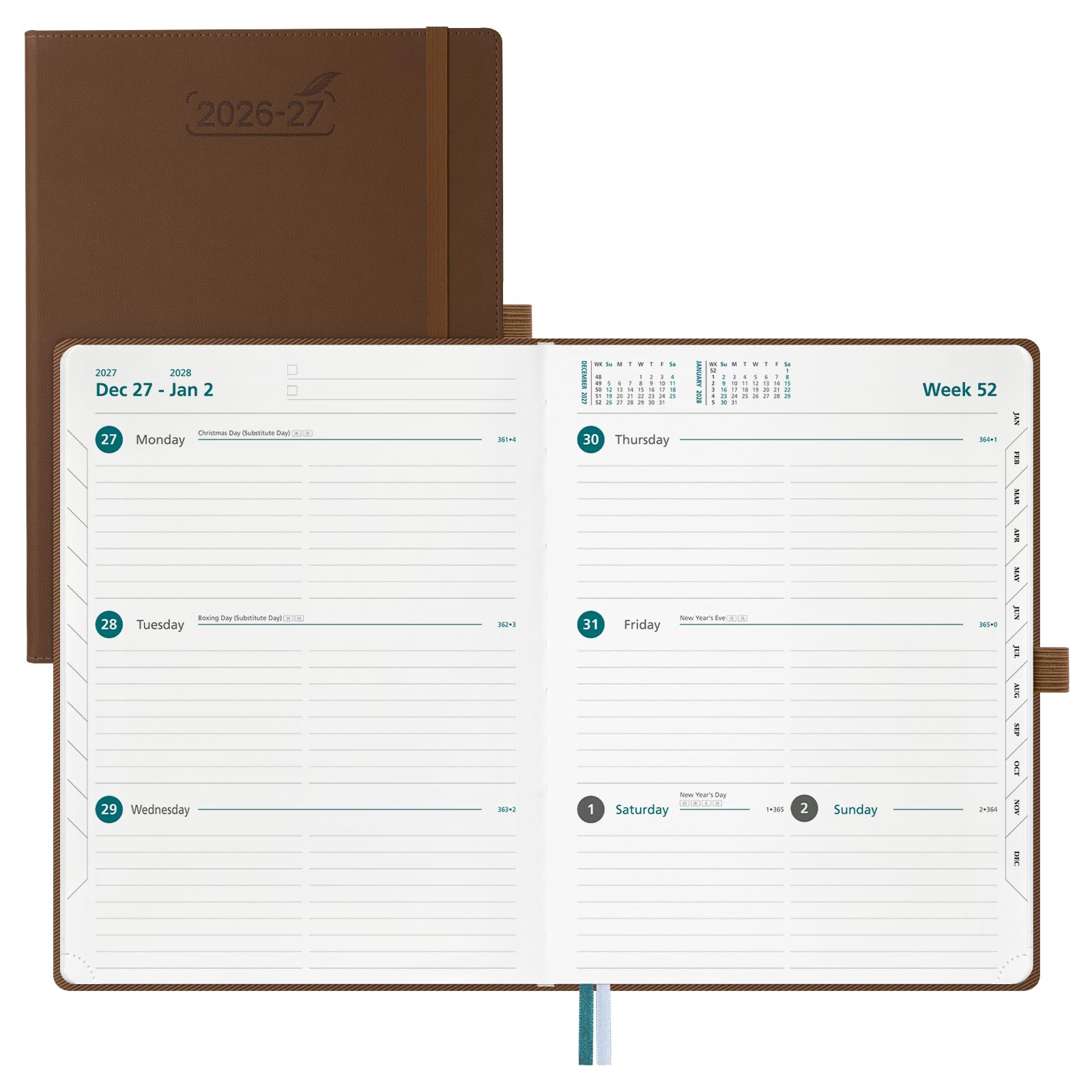 BEZEND A4 Academic Diary 2026-2027 Week to View Hardcover runs Jul'26 - Dec'27. Horizontal Weekly Planner with Notes, Monthly Tabs & Inner Pocket. for Work and Home. Vegan Leather Cover - Brown