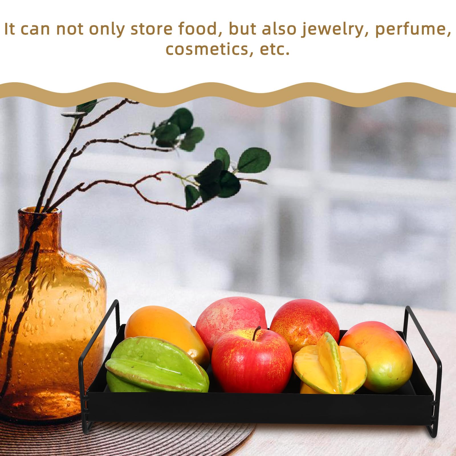 Mipcase Bandeja Metálica Rectangular para Servir con Asas Bandeja para Fruta y Aperitivos Plato Decorativo Negro para Mesa de Centro y Joyero 1 Unidad