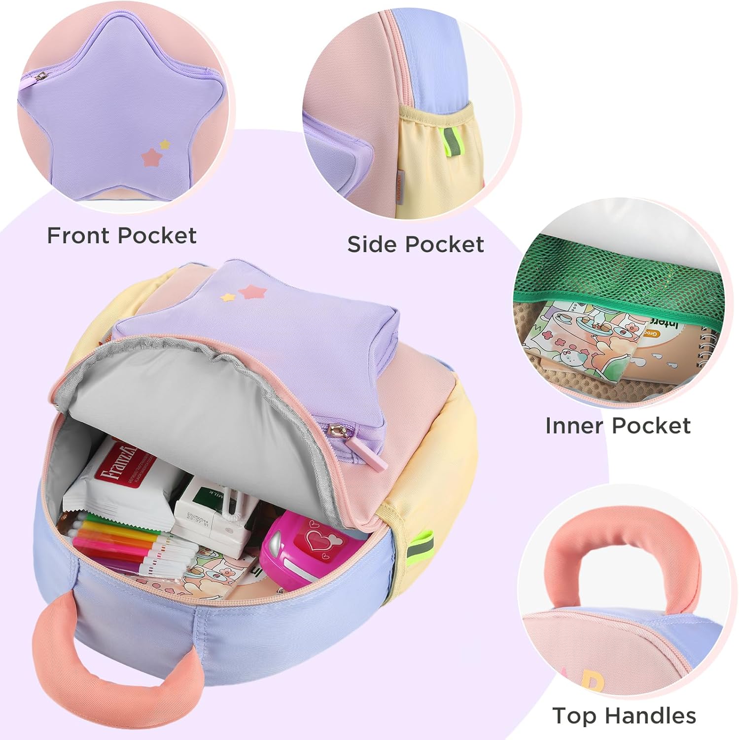 GAGAKU Toddler Backpack for 2-4 years with Whistle & Reflective Strip, Purple Pink Star Girls Backpack Splash-proof Water Design Lightweight School Preschool Bookbag