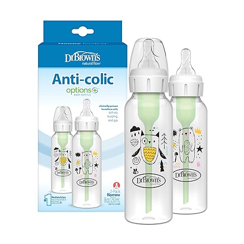 Dr. Brown's Natural Flow Anti-Colic Options+ Biberón estrecho Bear & Owl, 8 oz/8.5 fl oz, con boquilla de flujo lento nivel 1, libre de BPA, 0.0