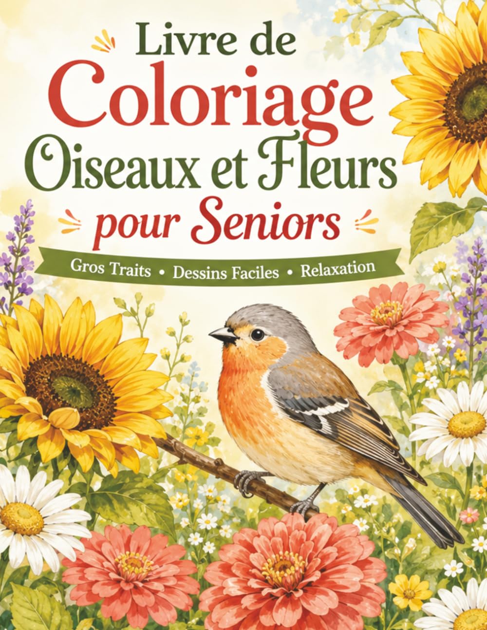 Livre de Coloriage Oiseaux et Fleurs pour Seniors: 50 pages à colorier avec grands dessins lisibles, fleurs du jardin et oiseaux pour activité douce et créative