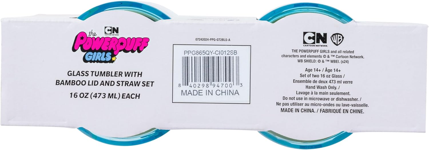 Silver Buffalo The Powerpuff Girls Flying Through Rainbows Featuring Bubbles, Blossom, and Buttercup 2 Pack Blue Glass Jar Tumbler with Bamboo Lid and Glass Straw, 16 Ounces - Image 4